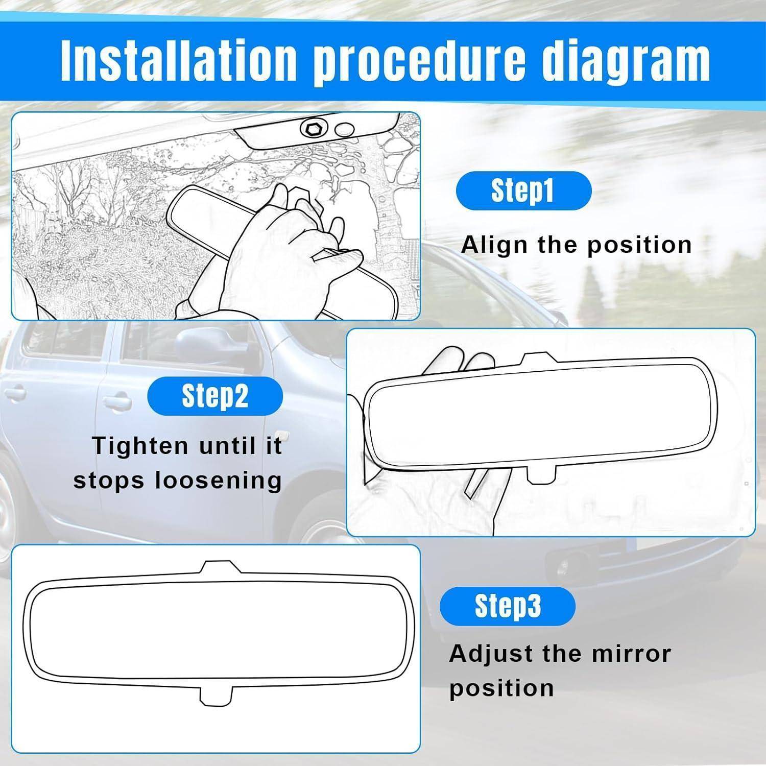 Installationsverfahrensdiagramm mit drei Schritten: Position ausrichten, anziehen, bis es nicht mehr sich lockert, dann Spiegelposition einstellen.