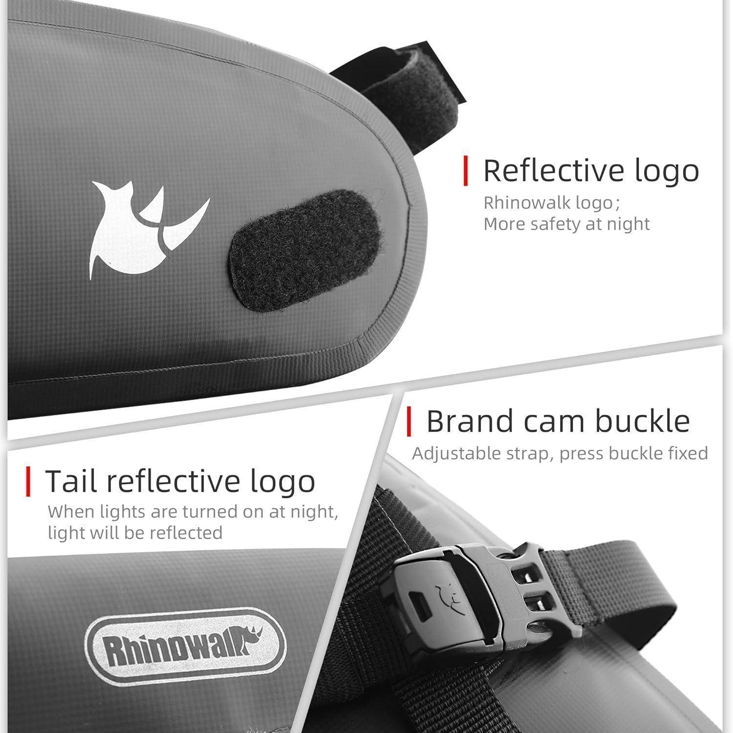 Produktnah-Aufnahme, die reflektierende Rhinowalk-Logos und eine Markenkammschnalle auf einem Riemen zeigt und die Nachtsichtbarkeit sowie die verstellbare Befestigung hervorhebt.