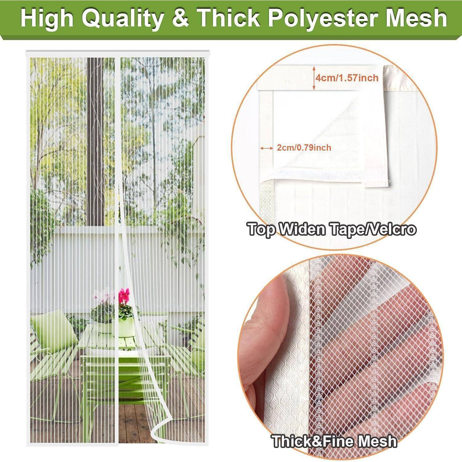 Werbebild eines weißen Polyester-Mesh-Fliegengitters mit magnetischem Mittelverschluss, das die Mesh-Textur und Details des oberen Klebebandes/der Klettverschlüsse mit Größenetikett zeigt.