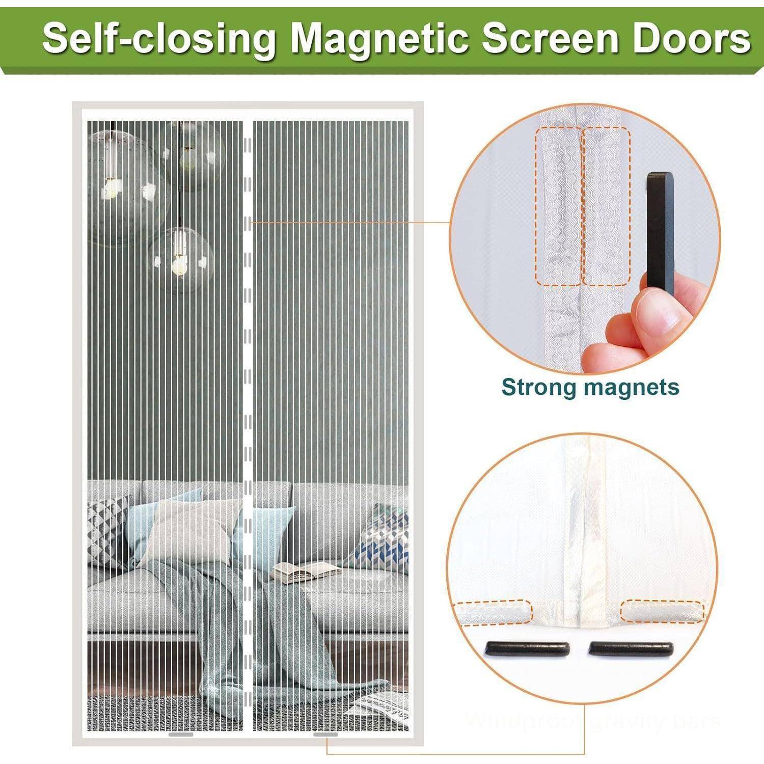 Produktgrafik, die selbstschließende magnetische Fliegengitter an einer Türöffnung zeigt, mit Nahaufnahmen der starken Magnete, die das Netzgewebe geschlossen halten.