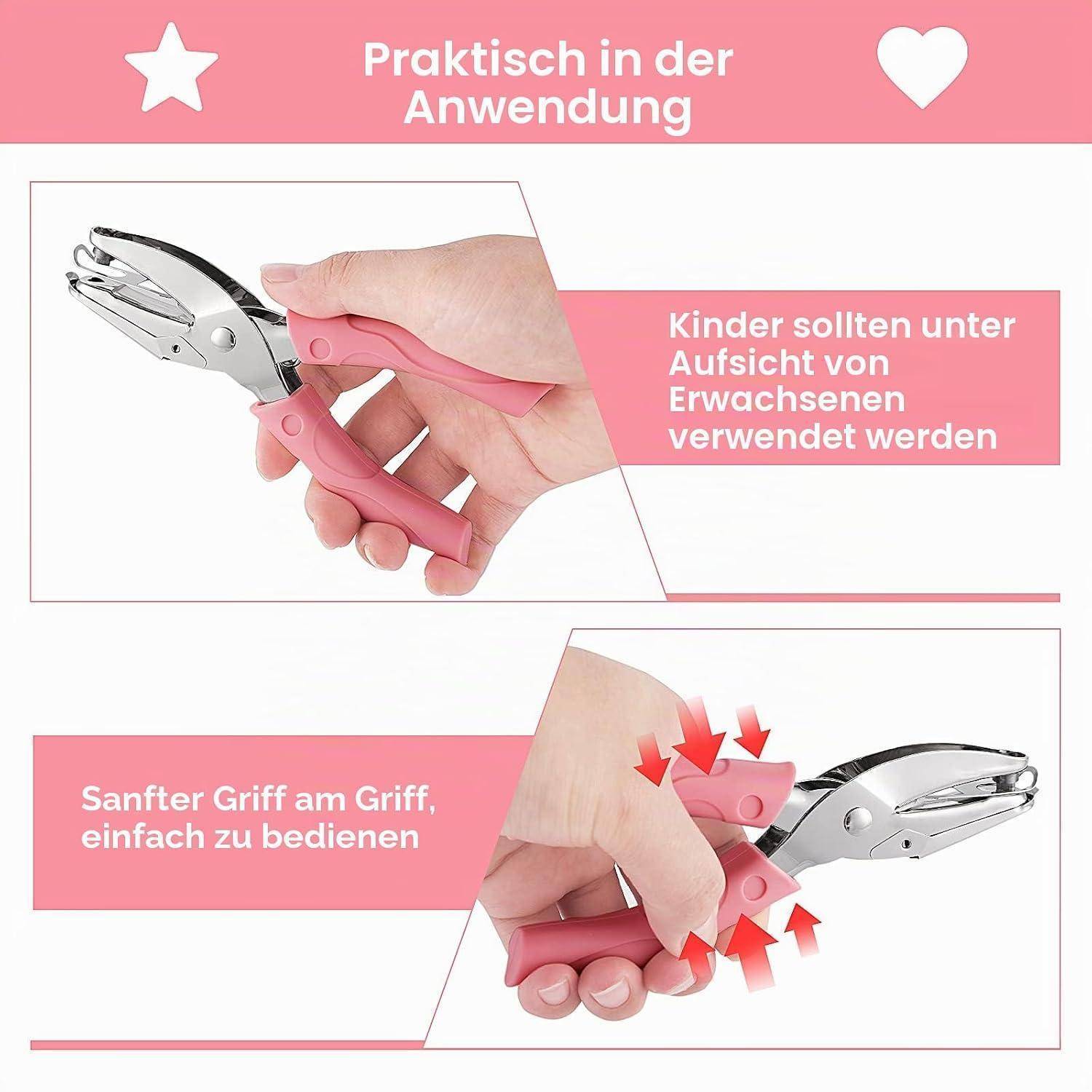 Bedienungsanleitung mit Grafik, die einen rosa Handgriff-Locher zeigt: Außerhalb der Reichweite von Kindern aufbewahren, nur unter Aufsicht von Erwachsenen verwenden und den weichen Griff drücken, um den Locher leicht zu bedienen.