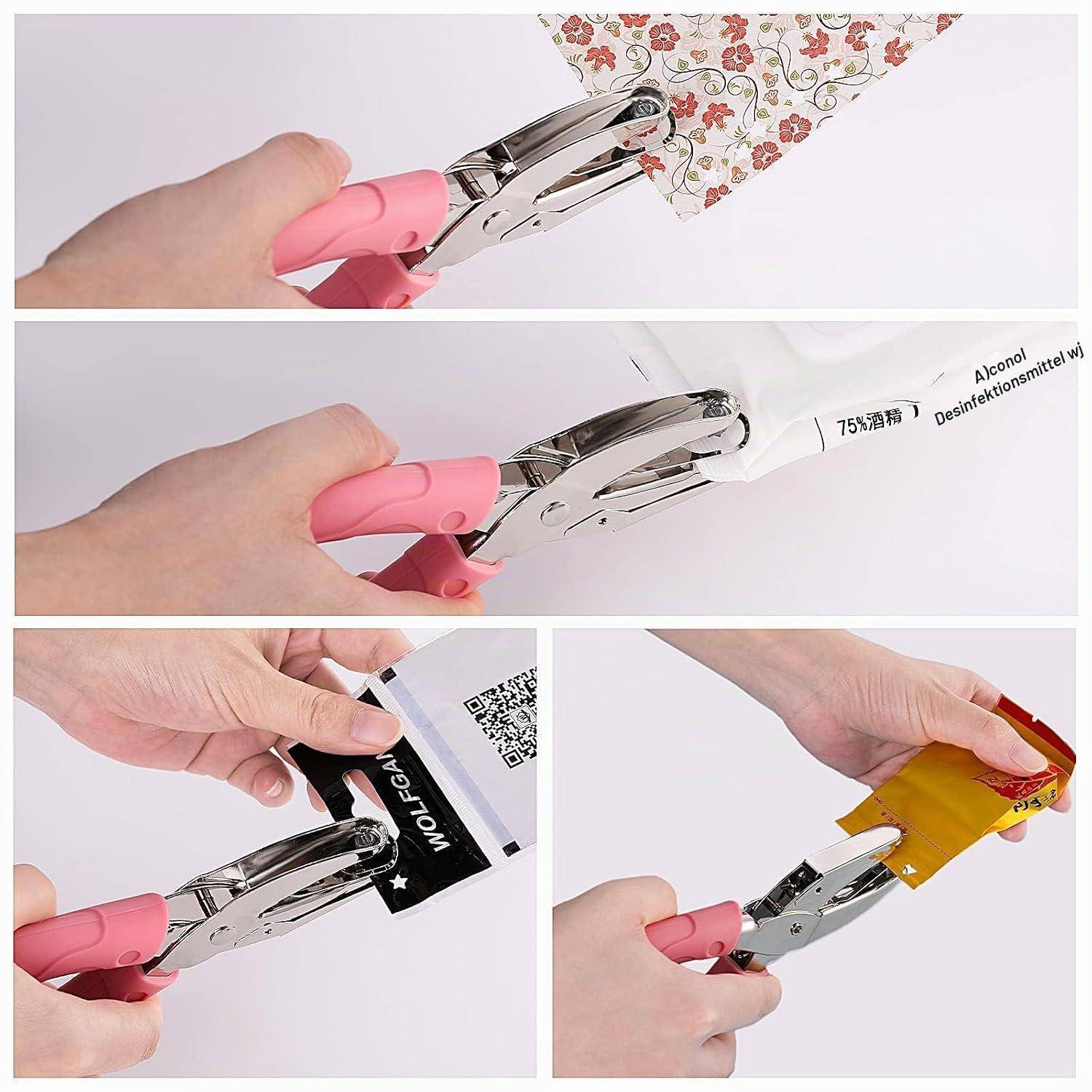 Collage, das eine Hand zeigt, die ein rosa Locher verwendet, um Öffnungen in Kunststoffverpackungstaschen und -beuteln zu machen.