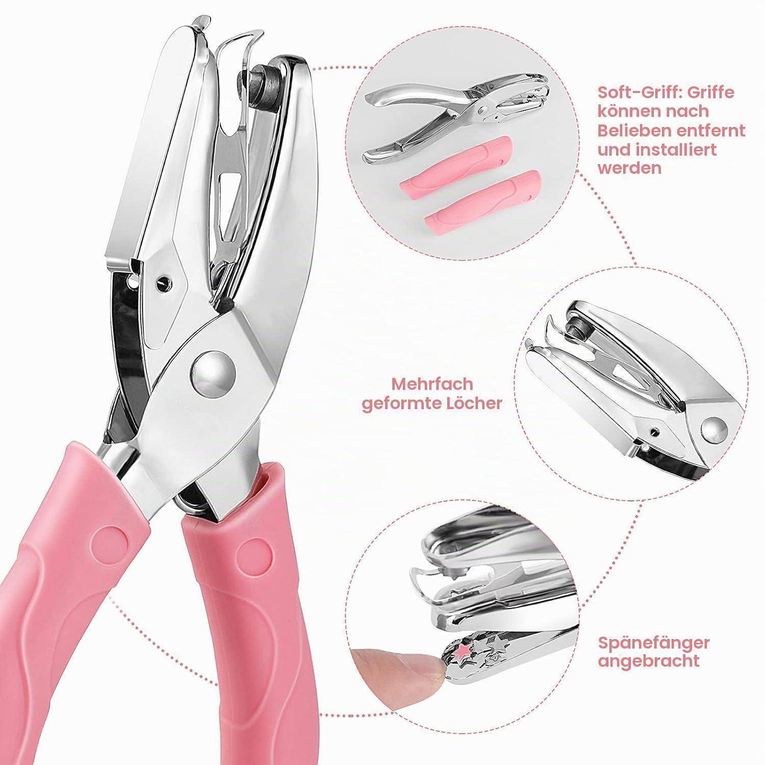 Lochstanzer aus Metall mit rosa Griff, dargestellt mit Nahaufnahmen der abnehmbaren weichen Griffpolster, mehreren Lochgrößen und einer Spanfangvorrichtung.