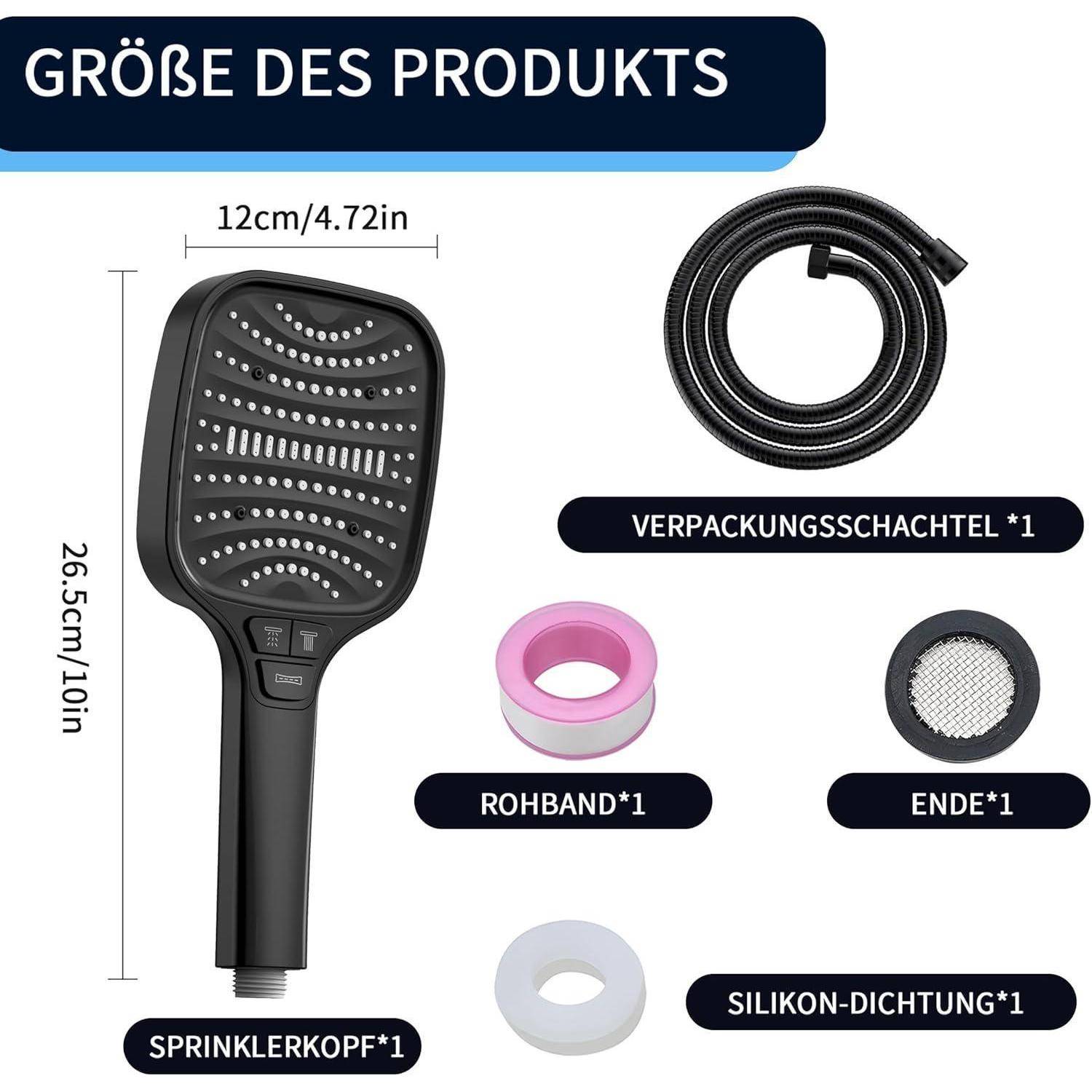Produktgrößen-Diagramm zeigt einen 26,5 cm x 12 cm großen Sprinklerkopf mit enthaltenen Teilen: Schlauch, Verpackungskarton, Rohband, Endkappe und Silikonwaschdichtung.