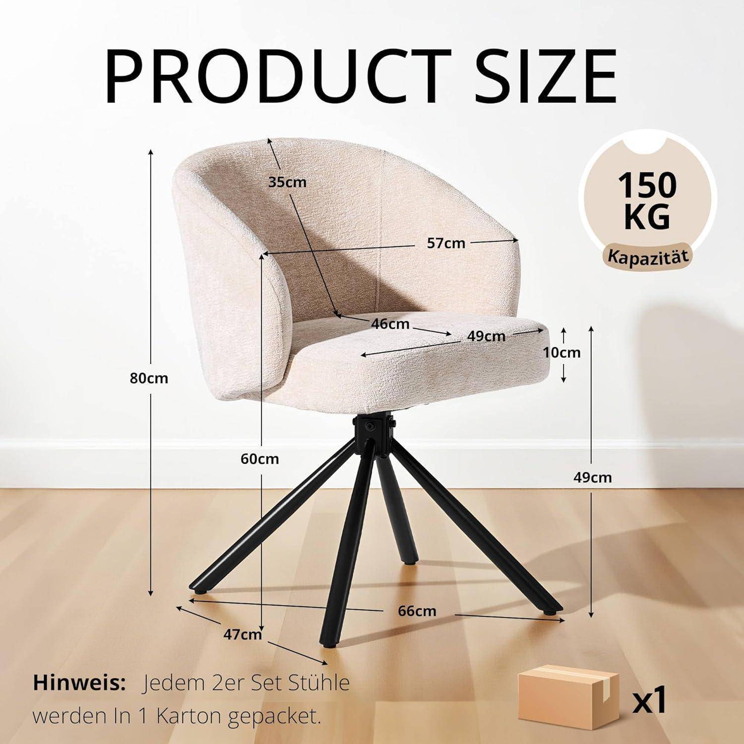 Größendiagramm eines beigen Drehstuhls mit schwarzem Sockel, das folgende Abmessungen zeigt: 80 cm Höhe, 57 cm Breite, 60 cm Sitzhöhe, 49 cm Sitztiefe und 150 kg Gewichtskapazität.