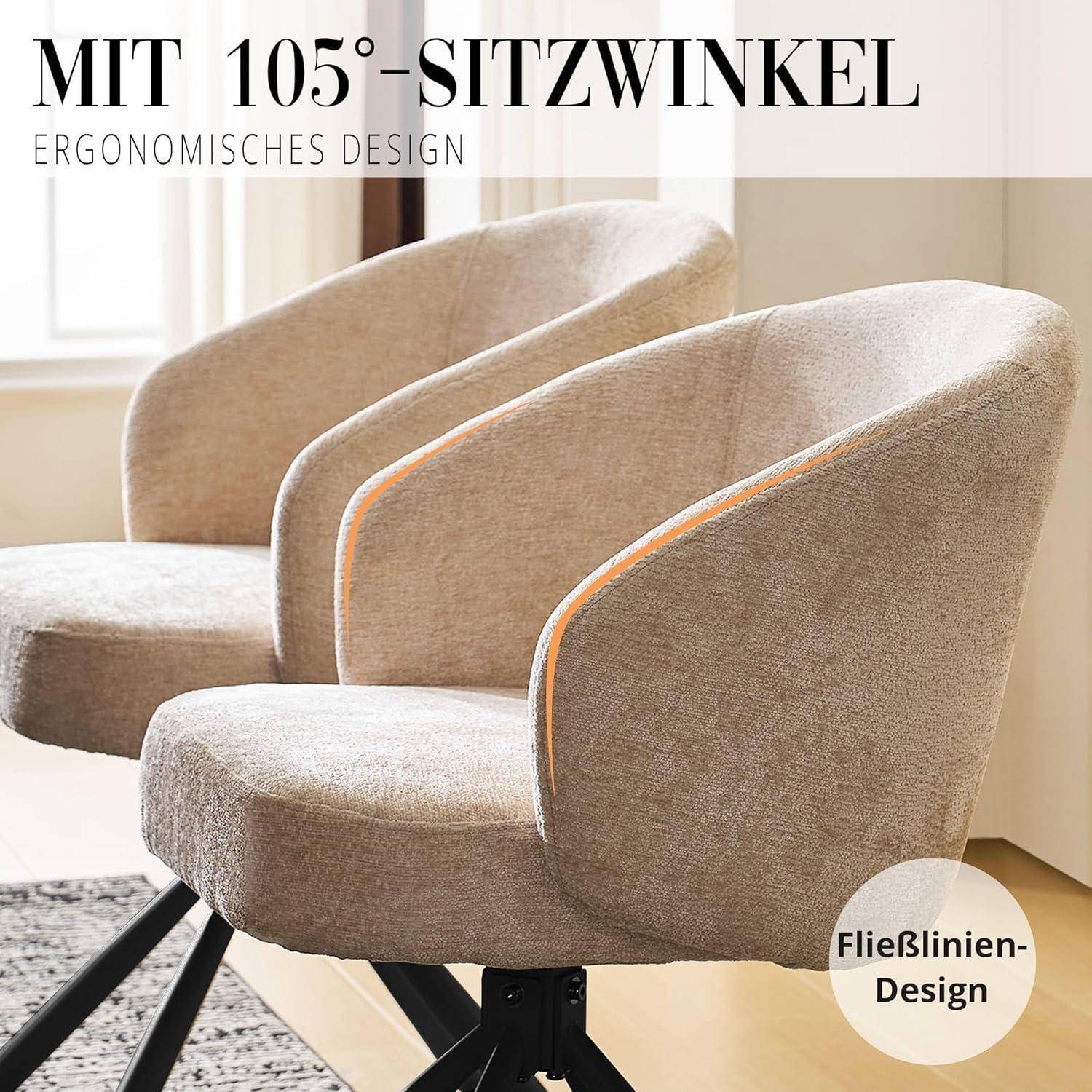 Zwei beige gepolsterte Stühle mit 105-Grad-Sitzkwinkel, mit ergonomischem Design und "Fließlinien-Design""-Text, gezeigt in einem hellen Innenraum.