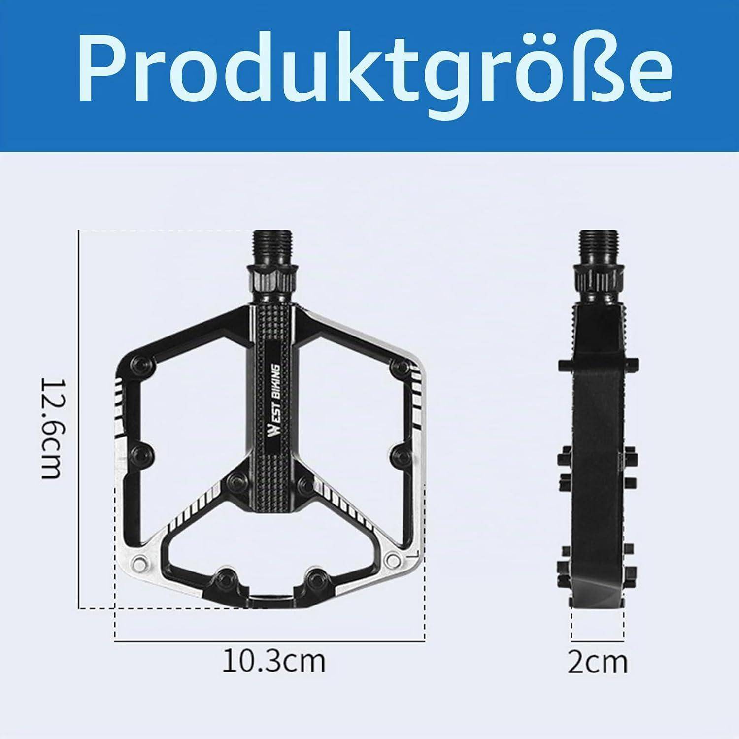 Produktgrößentabelle zeigt ein Fahrradverlängerungspedal in Vorder- und Seitenansicht, mit einer Höhe von 12,6 cm, einer Breite von 10,3 cm und einer Dicke von 2 cm.