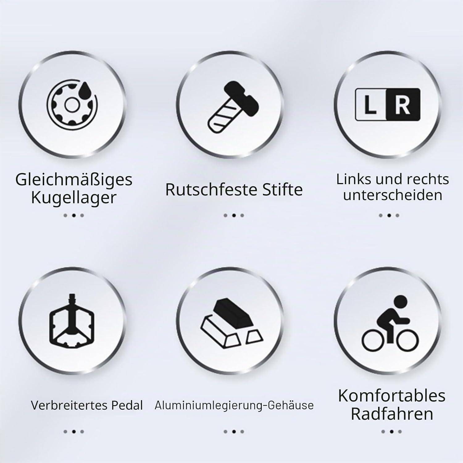 Diagramm der Fahrradpedalmerkmale: gleichmäßige Kugellager, rutschfeste Stifte, Links-/Rechts-Unterscheidung, breiteres Pedal, Aluminium-Legierung-Körper und komfortables Radfahren.