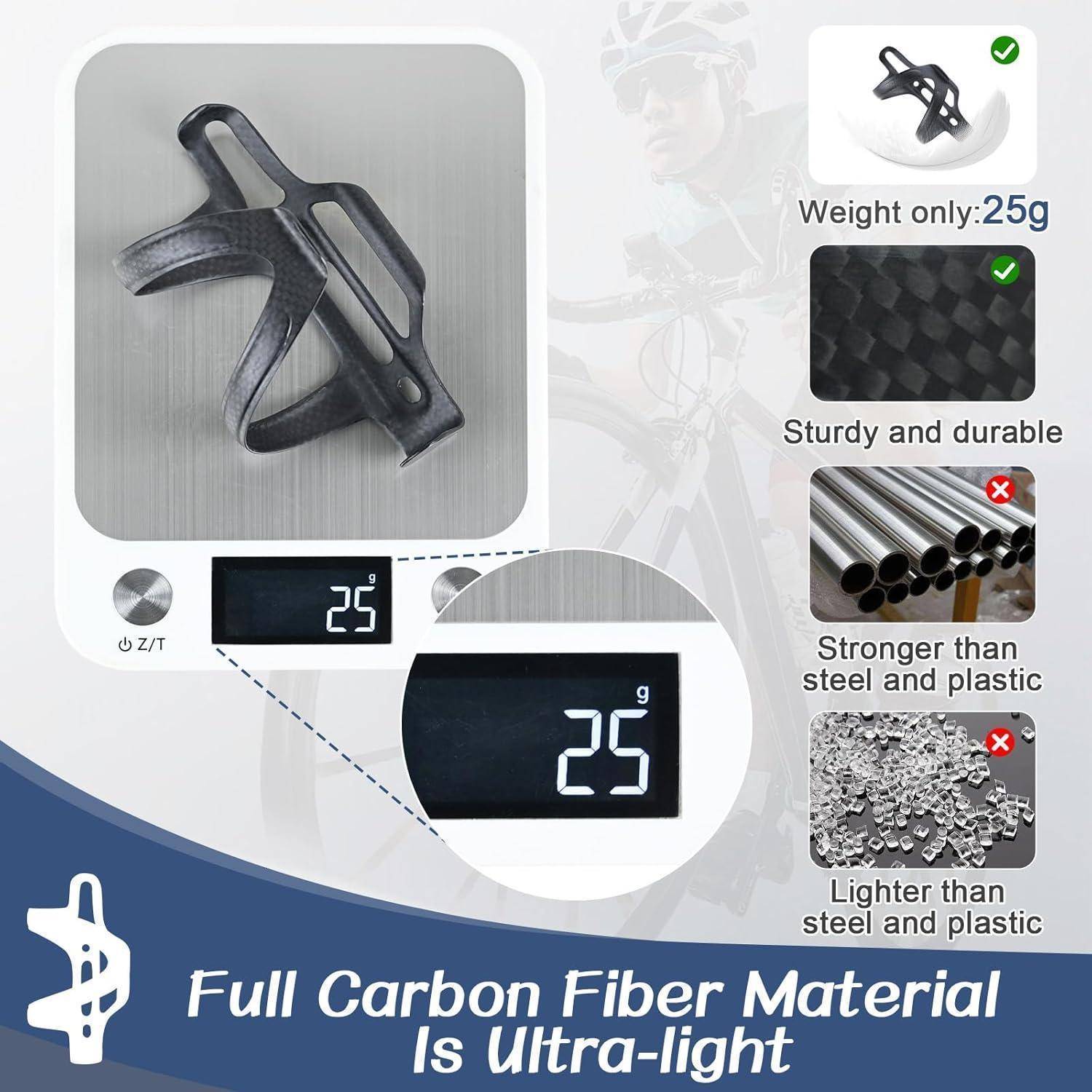 Werbegrafik für einen Flaschenhalter aus Kohlefaser für Fahrräder, der 25 g wiegt und robust und langlebig ist, mit der Aussage, dass er leichter als Stahl und Kunststoff ist.