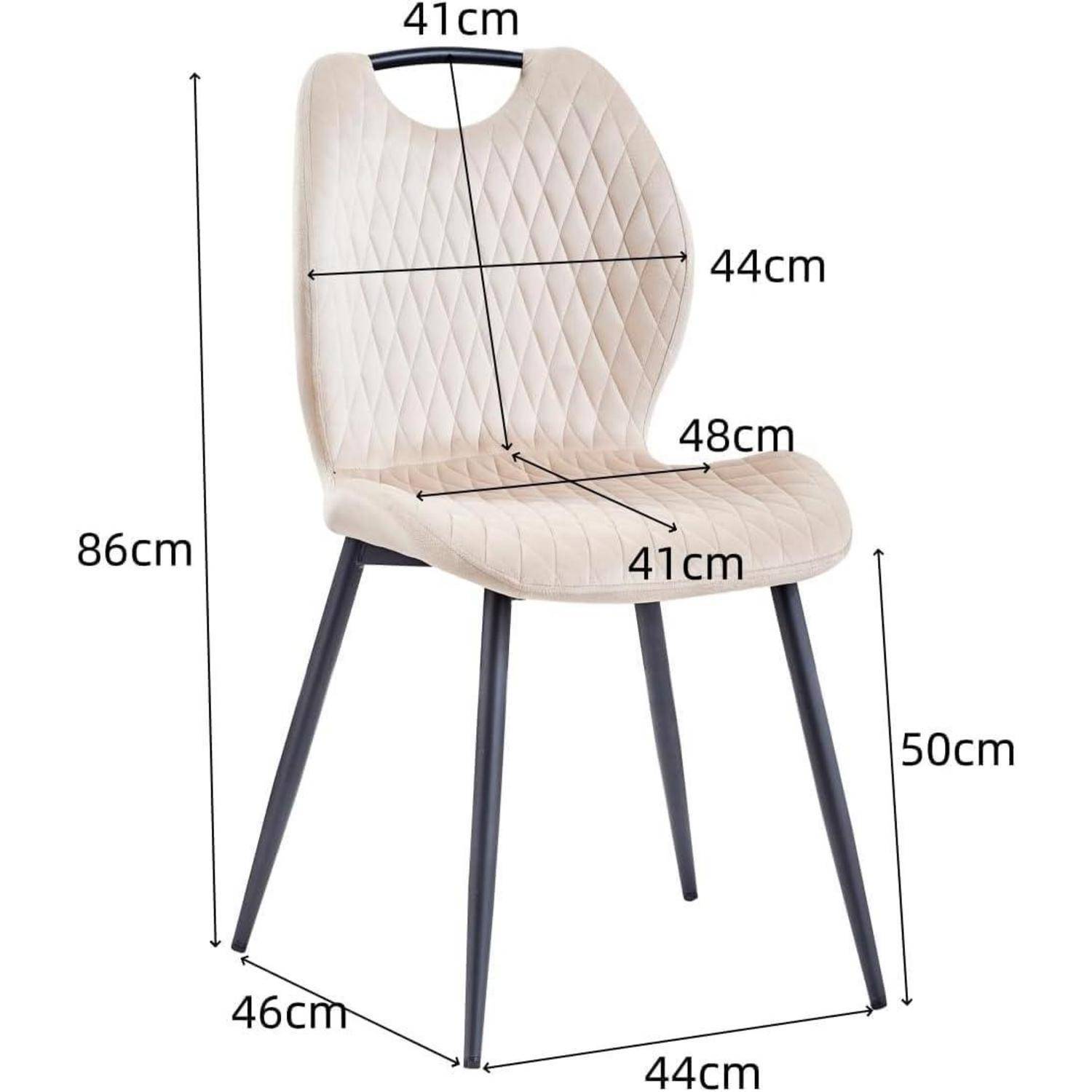 Dimensionierter beige gepolsterter Esszimmerstuhl mit gesteppter Rückenlehne und schwarzen Beinen; beschriftete Maße zeigen eine Höhe von 86 cm, eine Breite von 44 cm, eine Sitzttiefe von 48 cm und eine Sitzhöhe von 50 cm.