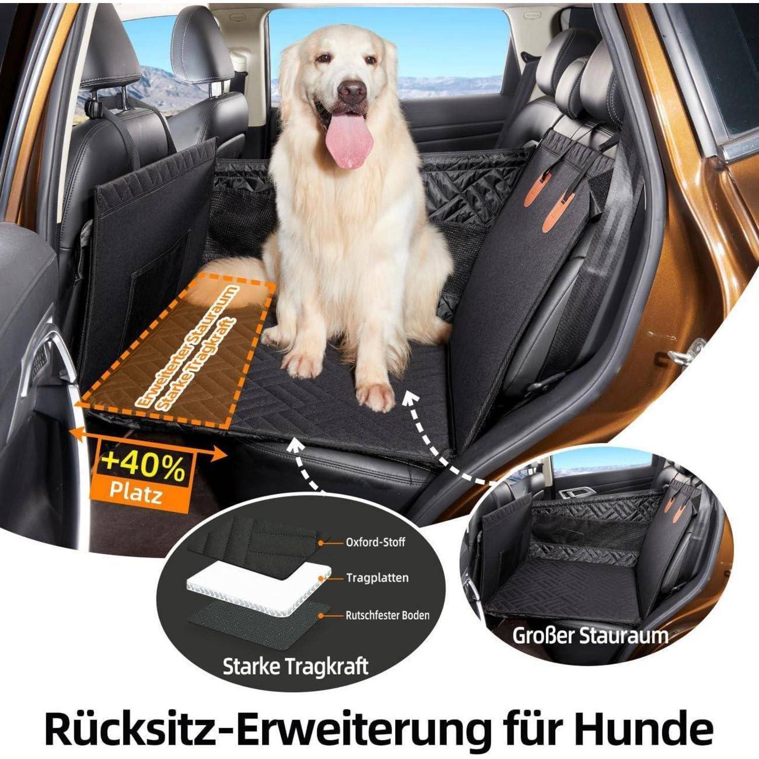 Hund sitzt auf der Rückbank eines Autos mit einer gesteppten Rücksitz-Erweiterung für Hunde; deutscher Text hebt 