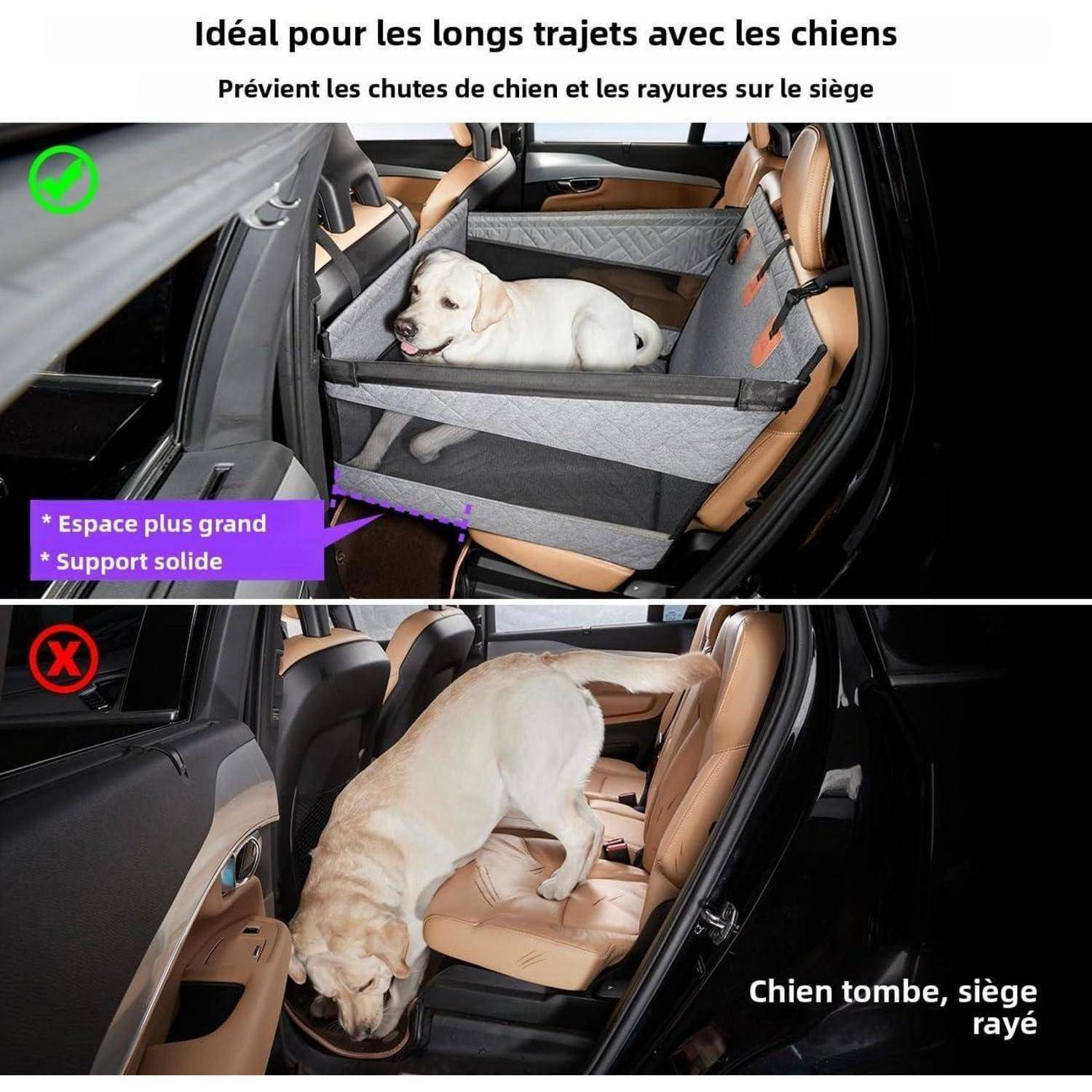 Vergleichsbild zur Nutzung von Autositzen für Hunde: Oben ist ein Labrador zu sehen, der sicher in einer gerahmten Sitz-Hängematte ruht, mit einem Häkchen; Unten ist ein Hund zu sehen, der aus dem Sitz rutscht und den Sitz zerkratzt, mit einem X.