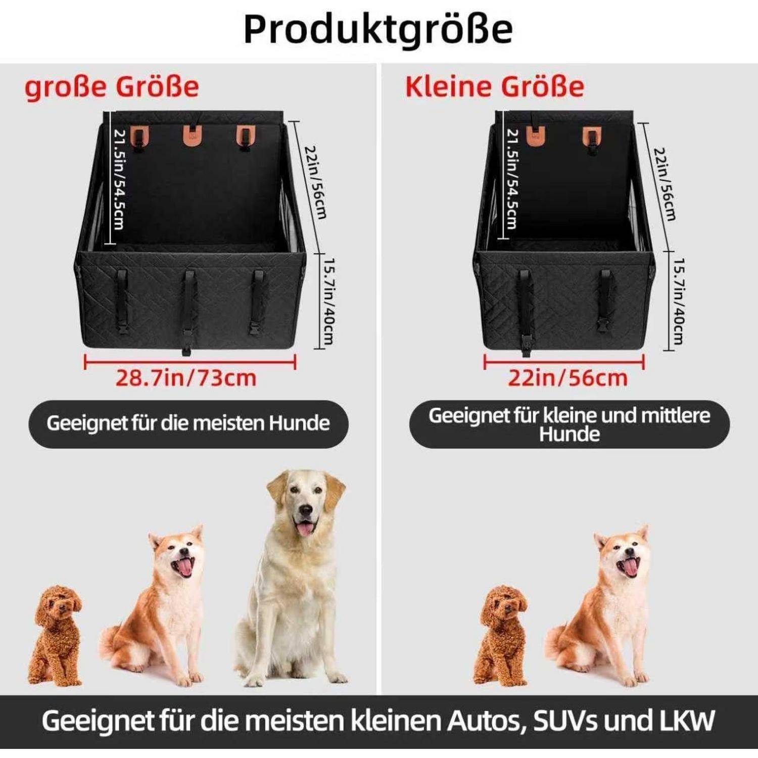 Produktgrößenvergleich mit zwei schwarzen Hundeschutzdecken für Autos: Große Größe 28,7 Zoll/73 cm für die meisten Hunde und kleine Größe 22 Zoll/56 cm für kleine und mittlere Hunde; passt auf die meisten kleinen Autos, SUVs und Lastkraftwagen.