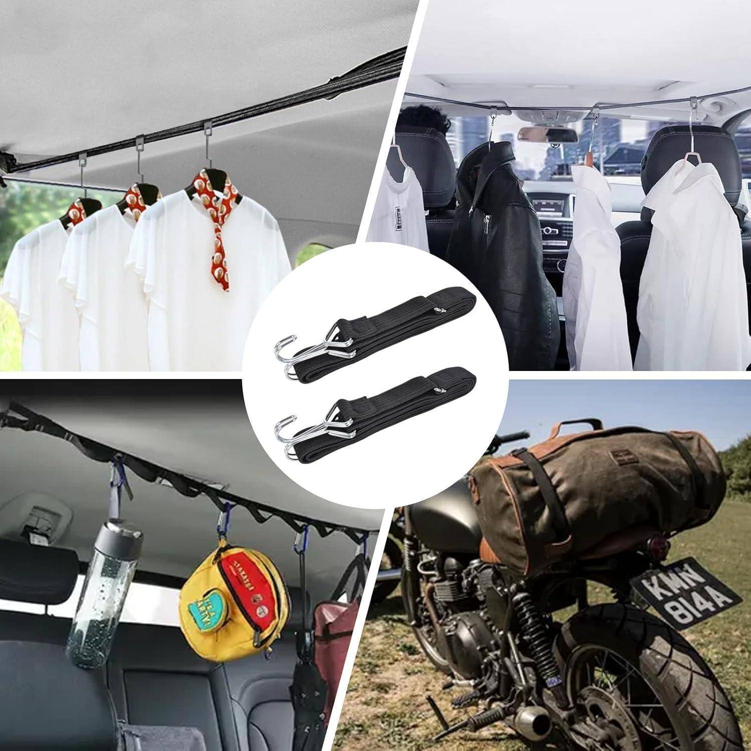 Satz verstellbarer Aufhängeschlaufen mit Clips, gezeigt beim Sichern von Kleidung, Taschen, Flaschen und Ausrüstung in einem Auto, Schrank und auf einem Motorrad.