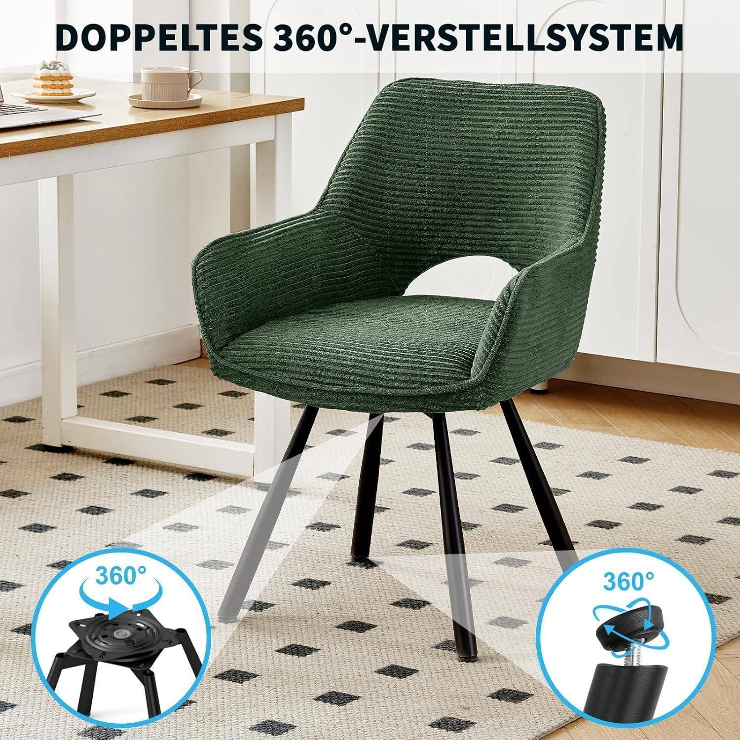 Grüner gepolsterter Drehstuhl mit schwarzen und silbernen Beinen in einer Küche, gekennzeichnet mit „DOPPELTES 360°-VERSTELLSYSTEM