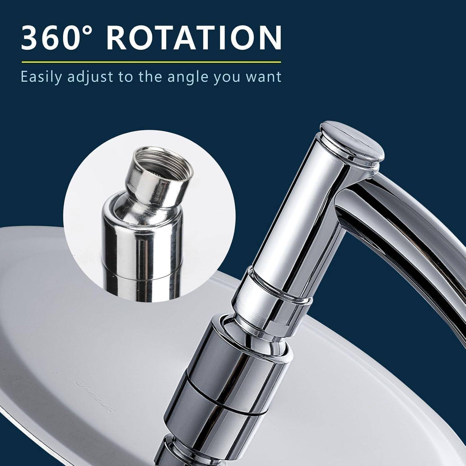 Produktnahaufnahme mit einem verchromten Wasserhahn mit drehbarem 360°-Auslauf; Text sagt „360° DREHUNG