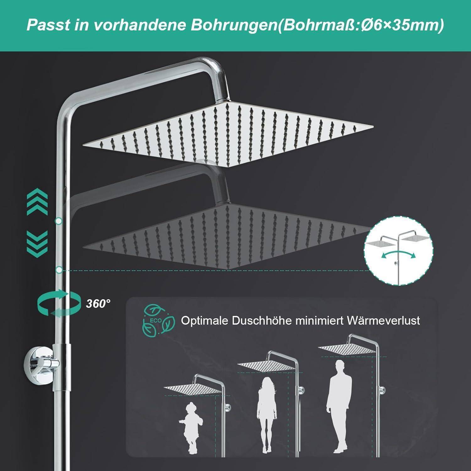 OFFO Regendusche ohne Armatur Chrom, 25x25cm eckig Edelstahl Duschset, Höhenverstellbar und 1,6m Twist-Free Duschschlauch, Duschsystem für Dusche mi