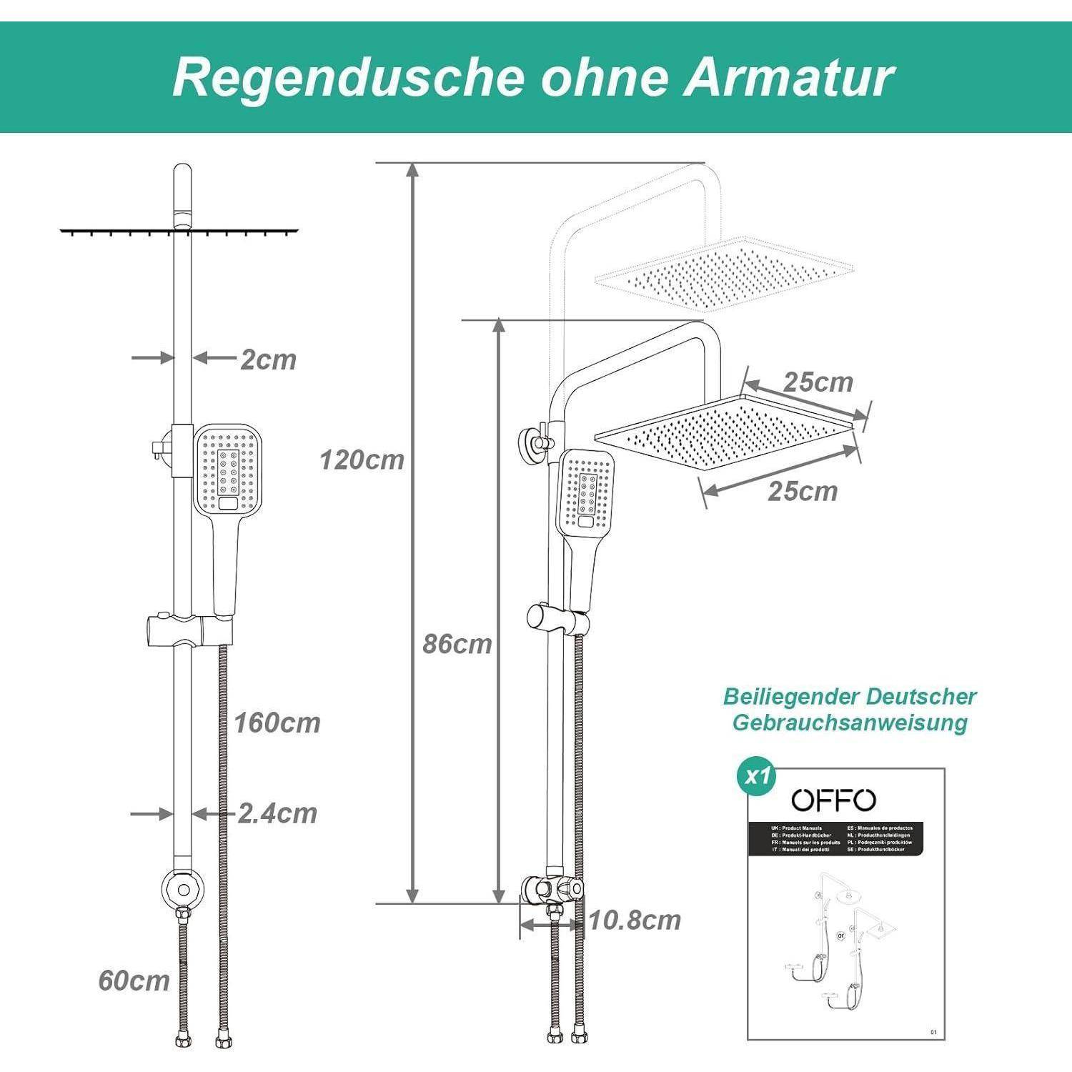 OFFO Regendusche ohne Armatur Chrom, 25x25cm eckig Edelstahl Duschset, Höhenverstellbar und 1,6m Twist-Free Duschschlauch, Duschsystem für Dusche mi