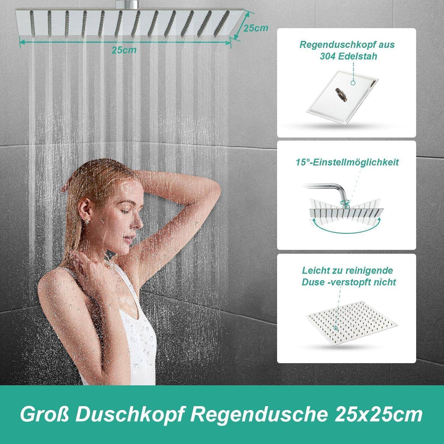 Frau, die unter einem großen 25x25 cm Edelstahl-Regenduschkopf duscht; Seitenpaneele zeigen Edelstahl 304, 15° Verstellbarkeit und benutzerfreundliche Anti-Verstopfungs-Düsen.