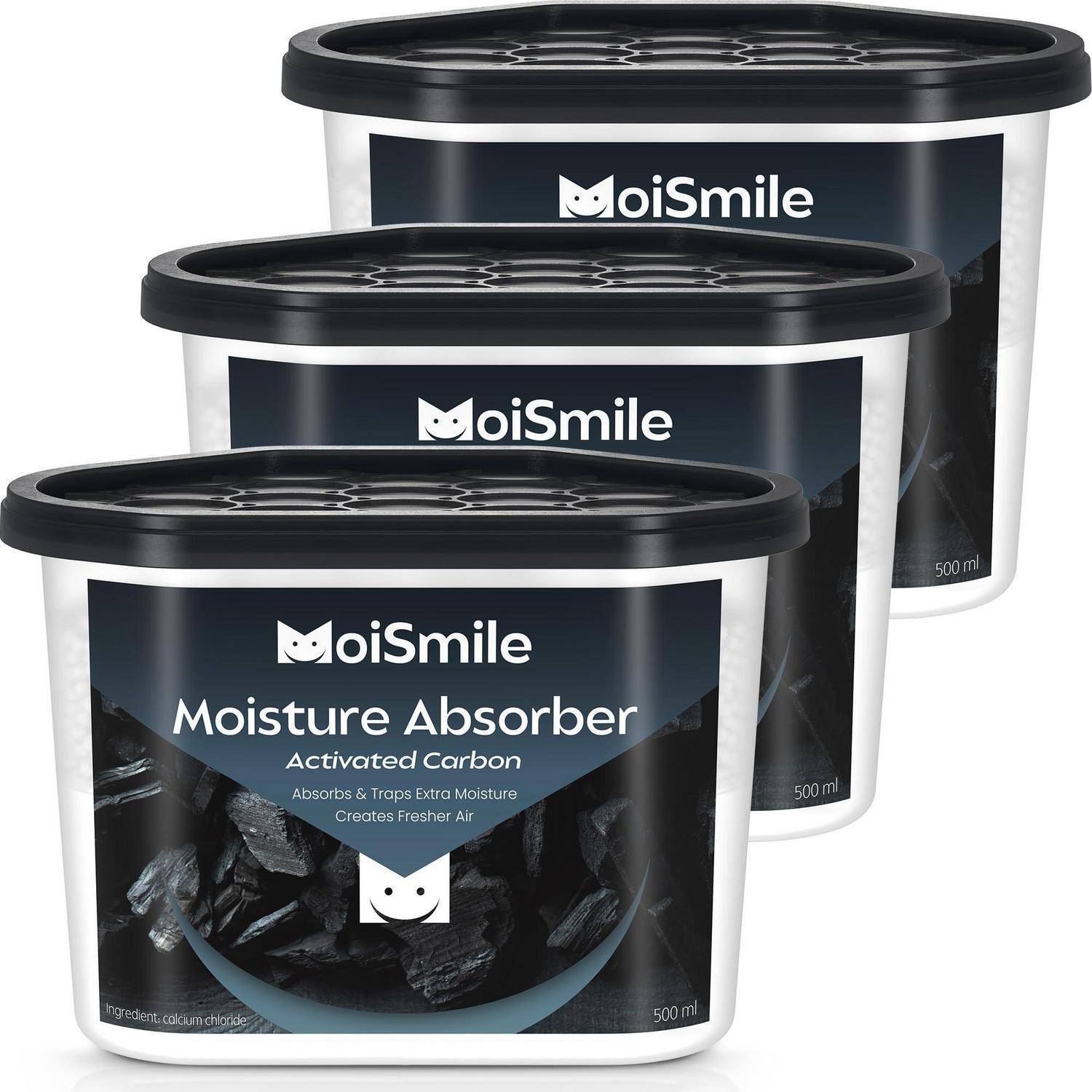 Drei gestapelte MoiSmile Feuchtigkeitsabsorber Aktivkohle-Behälter, je 500 ml, dargestellt als Produktpaket auf weißem Hintergrund.