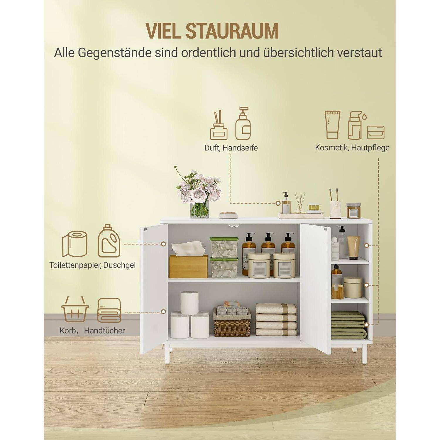 Badezimmerschrank mit Toilettenartikeln, Handtüchern, Toilettenpapier, Handseife und Kosmetikprodukten unter der Überschrift „VIEL STAURAUM".