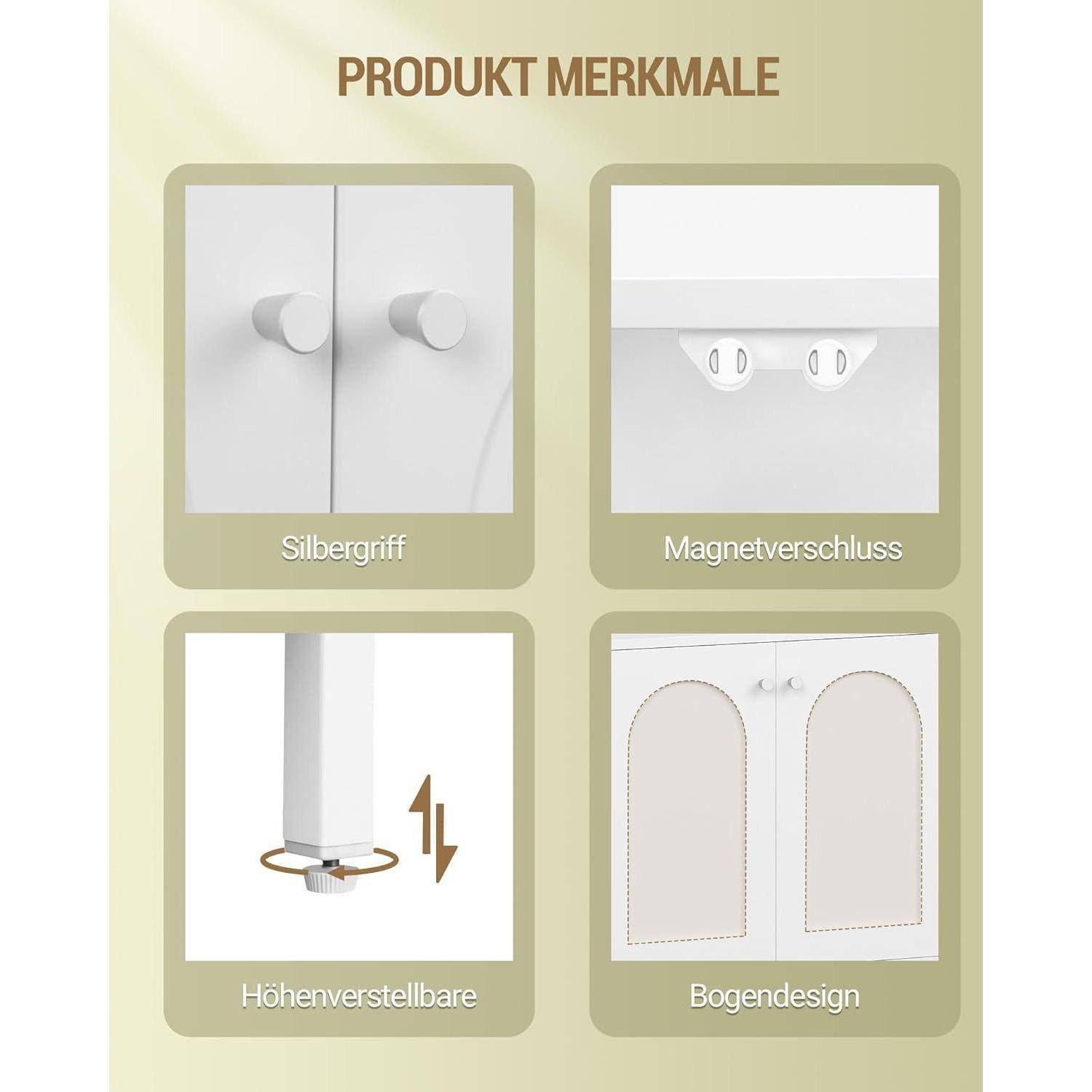 Infografik mit dem Titel „PRODUKTMERKMALE" zeigt vier Produktmerkmale: „Silbergriff"", „Magnetverschluss"", „Höhenverstellbar"" und „Bogenentwurf"".