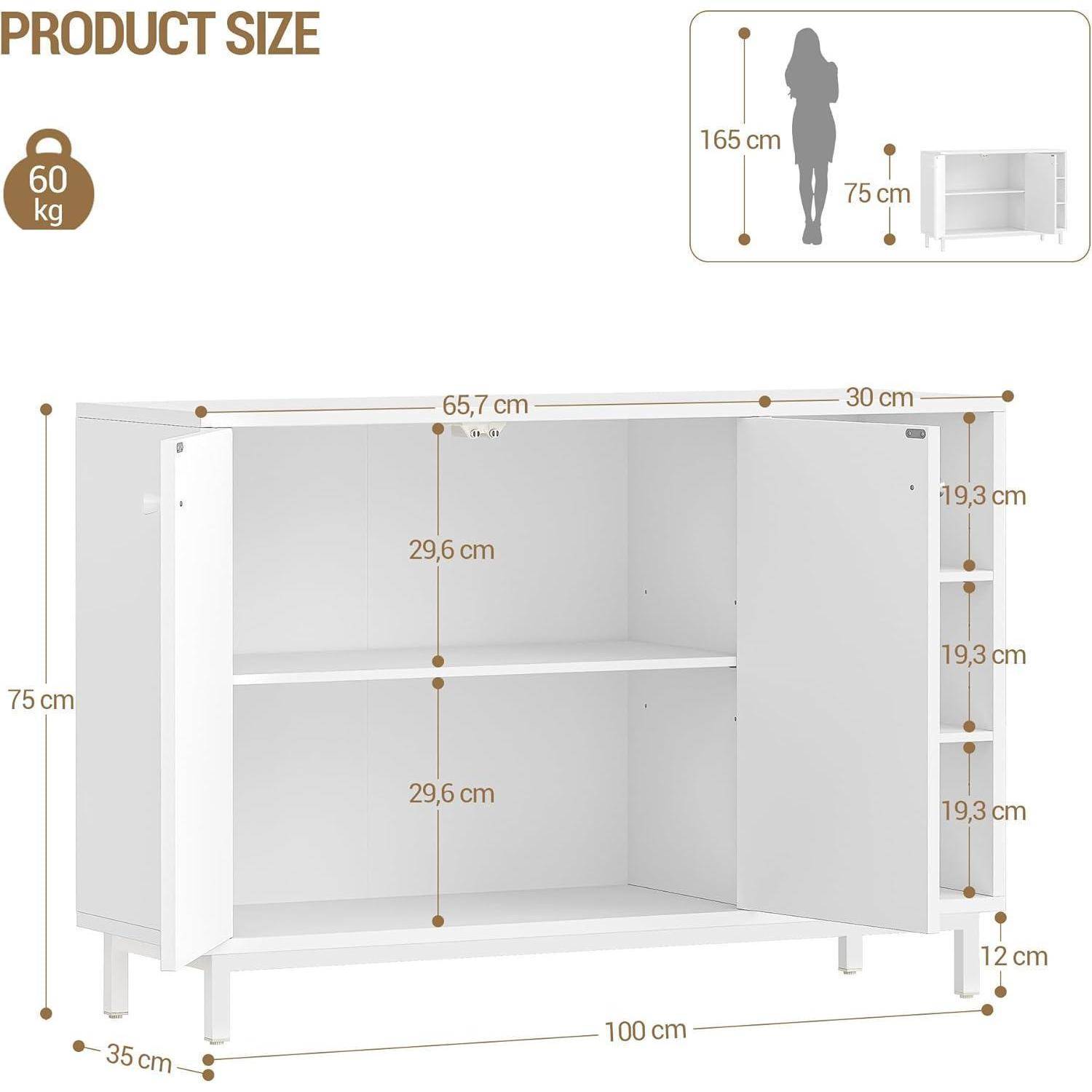 Größendiagramm eines weißen zweitürigen Schranks: 100 cm breit, 75 cm hoch, 35 cm tief, mit 29,6 cm Regalabständen und 60 kg Gewichtsbegrenzung; eine Darstellung zeigt einen Maßstab neben einer 165 cm großen Person.