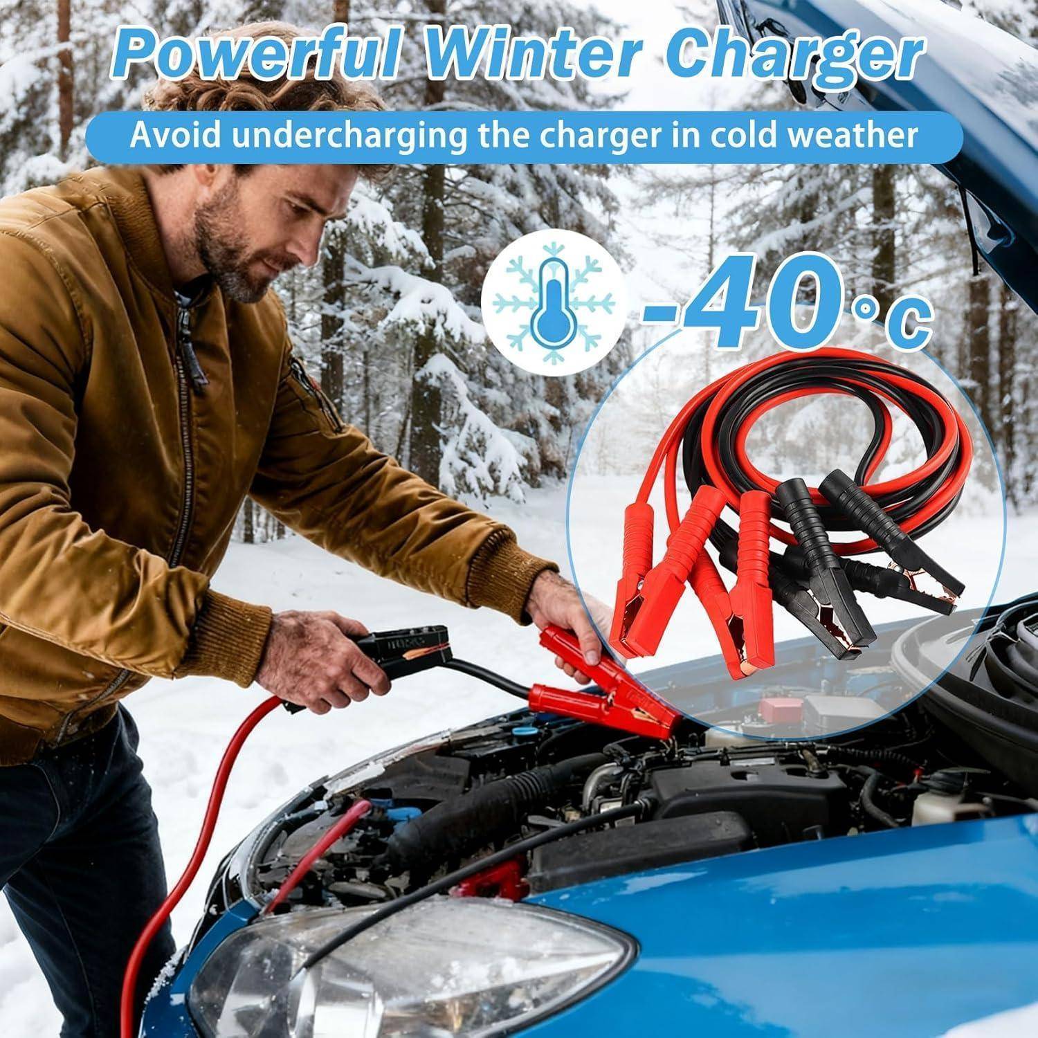 Ein Mann lädt eine Autobatterie im Winter mit Überbrückungskabeln auf; der Text besagt „Leistungsstarkes Winter-Ladegerät