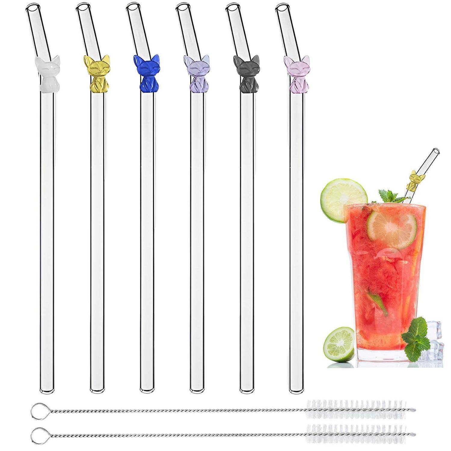 Wiederverwendbare Glas-Trinkhalme, gebogene Glas-Trinkhalme, perfekt für Smoothies, Kaffee, Saft, Tee, Milch, Cocktails (Bunte Katzen)