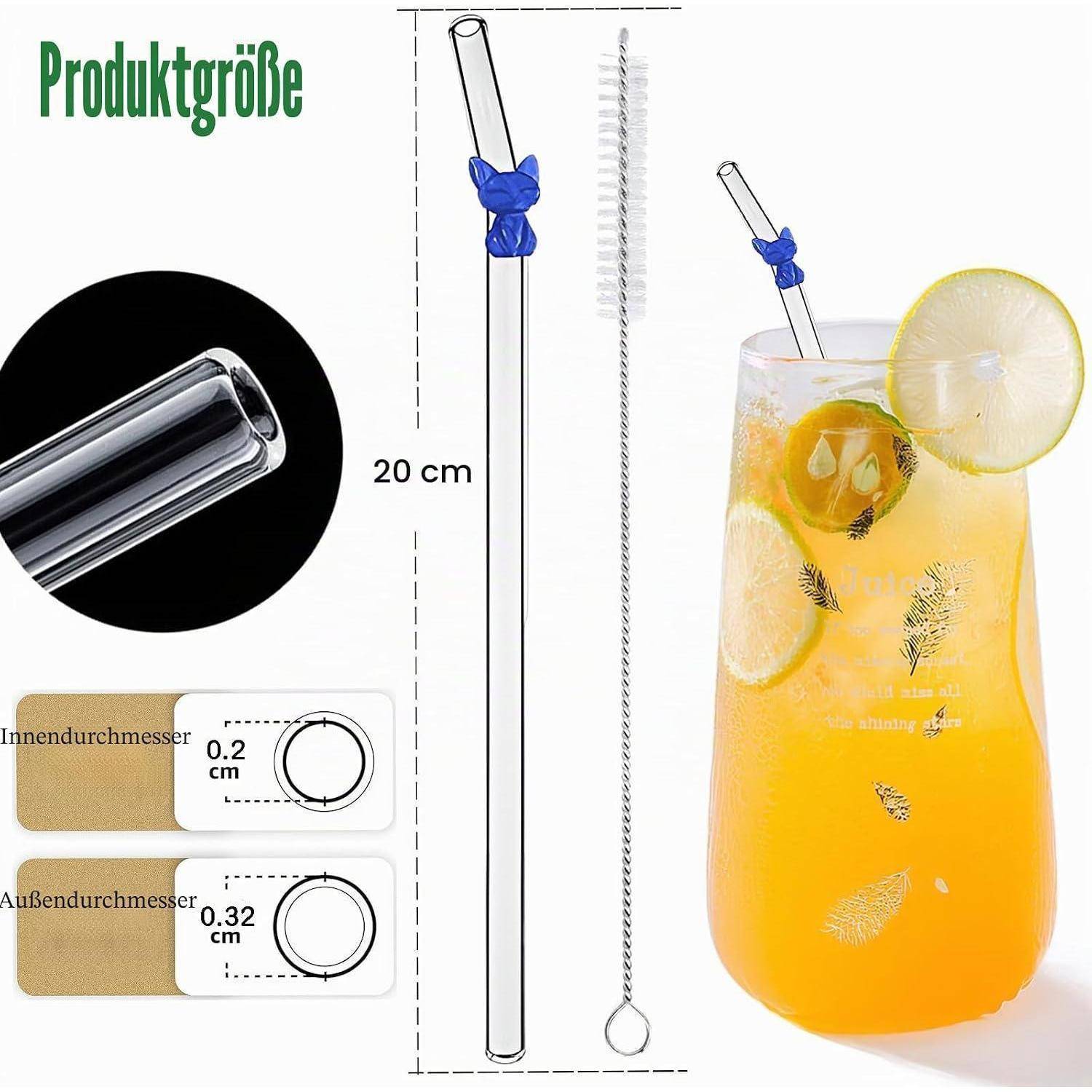 Wiederverwendbare Glas-Trinkhalme, gebogene Glas-Trinkhalme, perfekt für Smoothies, Kaffee, Saft, Tee, Milch, Cocktails (Bunte Katzen)