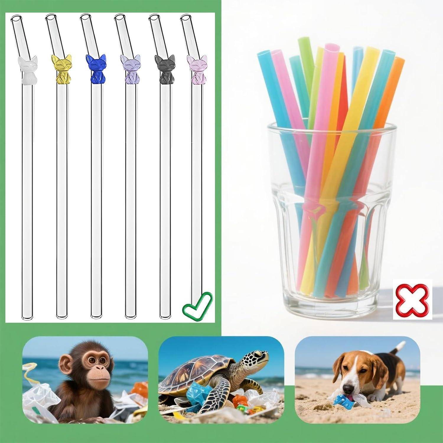 Wiederverwendbare Glas-Trinkhalme, gebogene Glas-Trinkhalme, perfekt für Smoothies, Kaffee, Saft, Tee, Milch, Cocktails (Bunte Katzen)