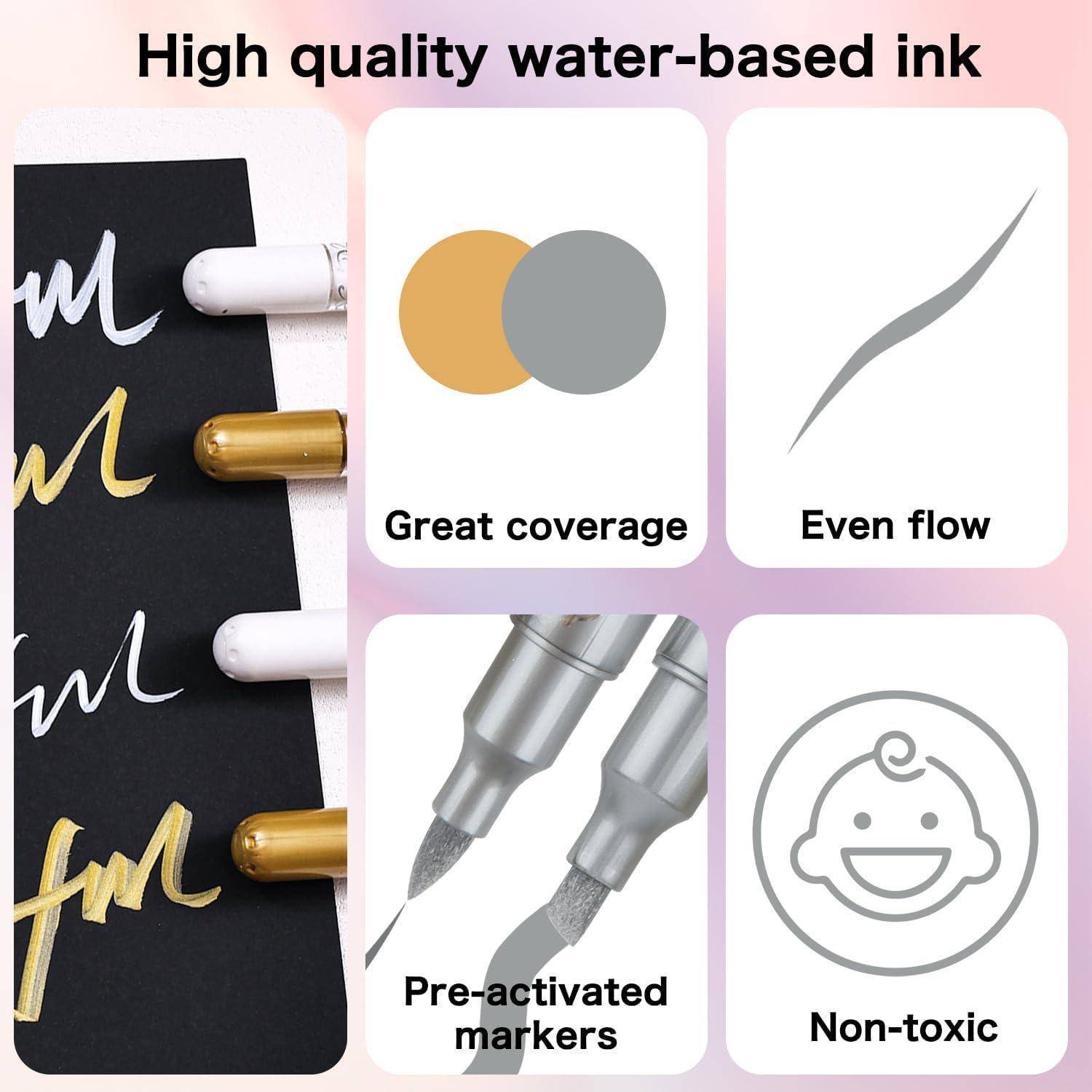 Werbegrafik für hochwertige wasserlösliche Tinte, zeigt Pinselstriche und vier Vorteile: hervorragende Deckkraft, gleichmäßiger Fluss, voraktivierte Marker und ungiftig.