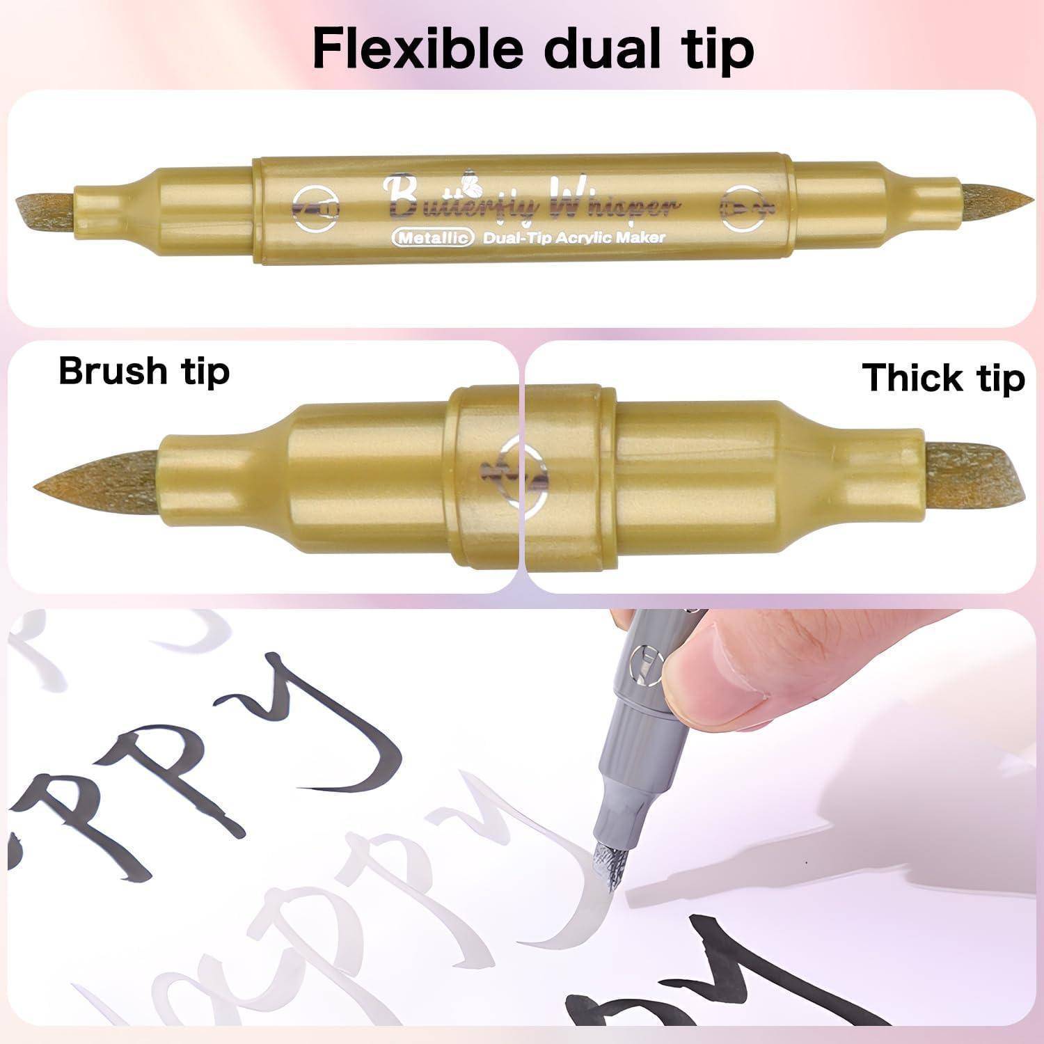 Flexibler Dual-Tip-Metallic-Acrylmarker mit Pinsselspitze und dicker Spitze, shown with sample lettering being written on paper.