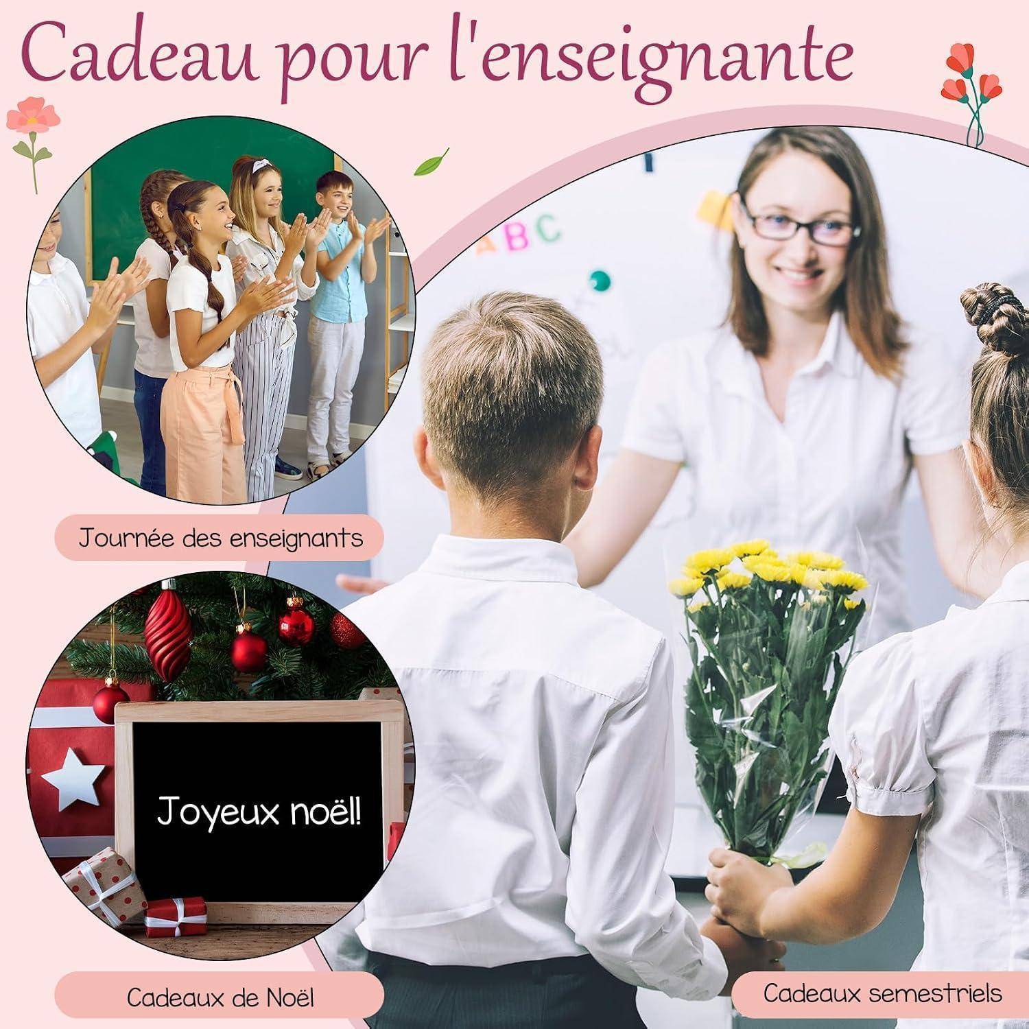 Deutsche Collage über Geschenke für Lehrer: Ein lächelnder Lehrer erhält Blumen von Schülern, mit eingefügten Szenen für den Lehrertag und Weihnachtsgeschenke, beschriftet mit „Geschenk für die Lehrerin