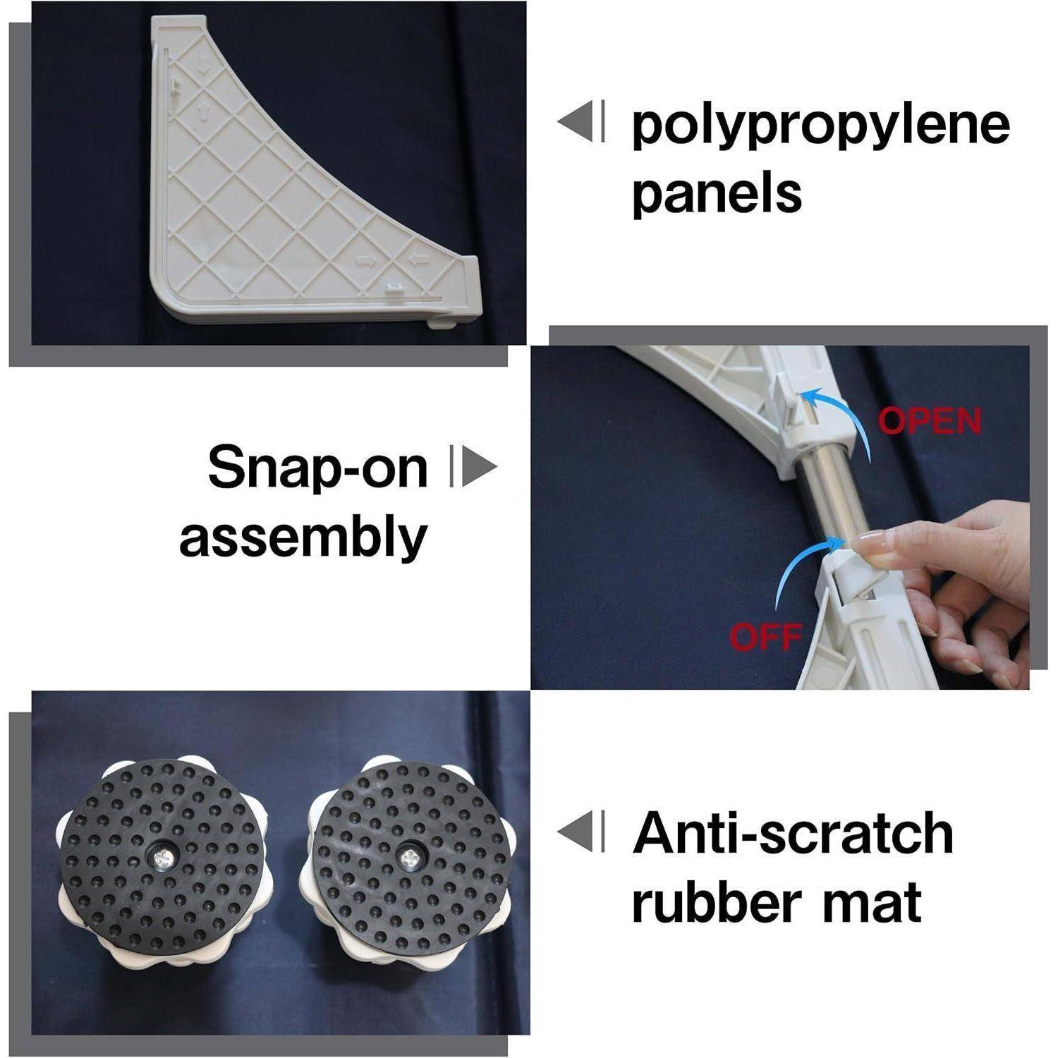 Produktmerkmal-Collage zeigt Polypropylen-Paneele, Schnappverschluss-Montage und rutschfeste Gummimatte mit Bedienungsdetails für offene/ausgeschaltete Handposition.