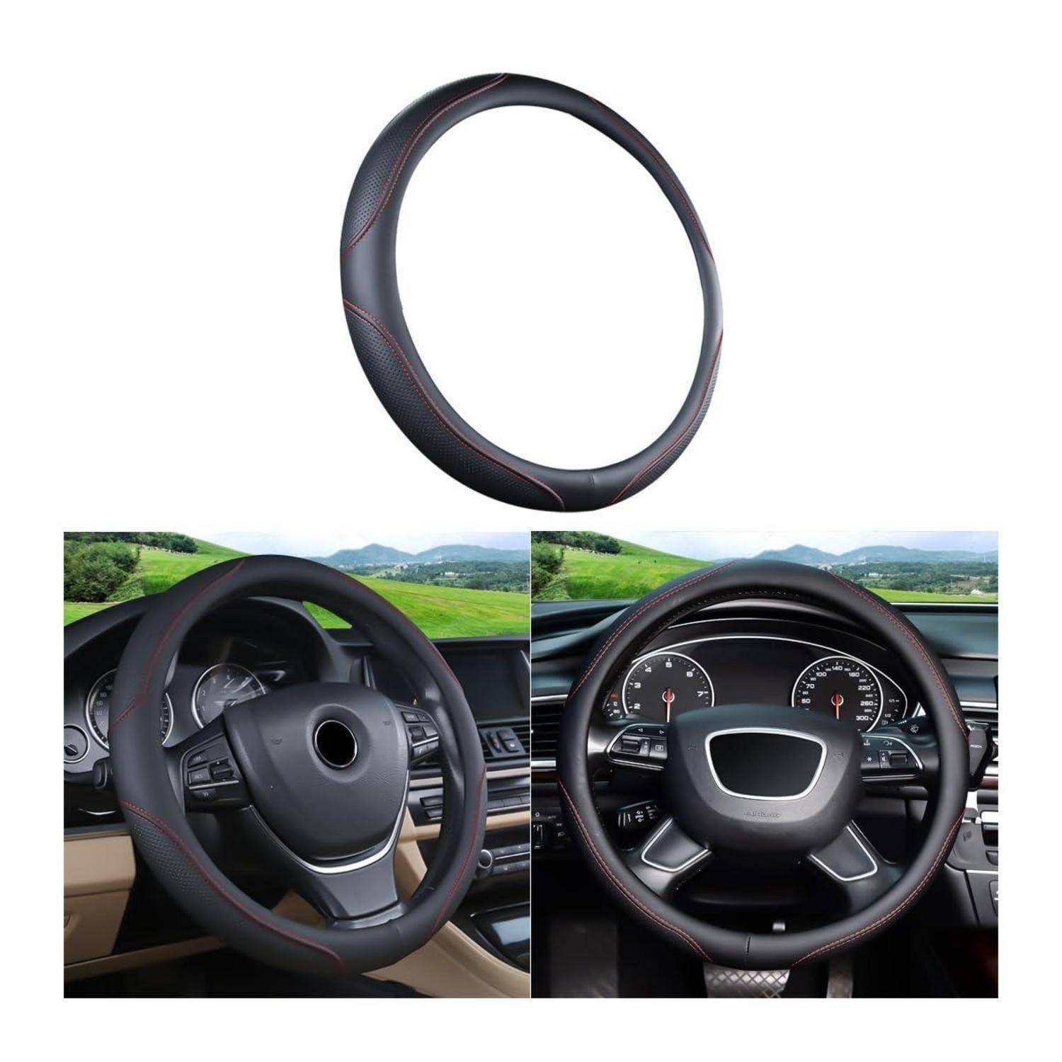 Schwarzer Lederlenkradschutz mit roter Naht, shown installed on a steering wheel and as a product view above.