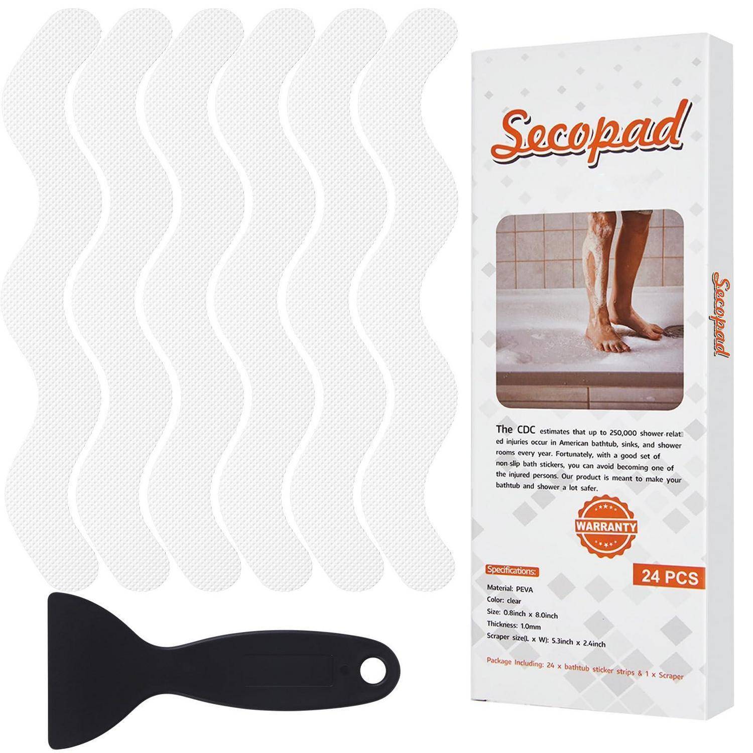 Produktbild von Secopad Dusch-Rutschschutzaufklebern, das 24 weiße wellige Haftstreifen, einen schwarzen Schaber und die verpackte Schachtel mit Verwendungsfoto und Garantiesiegel zeigt.