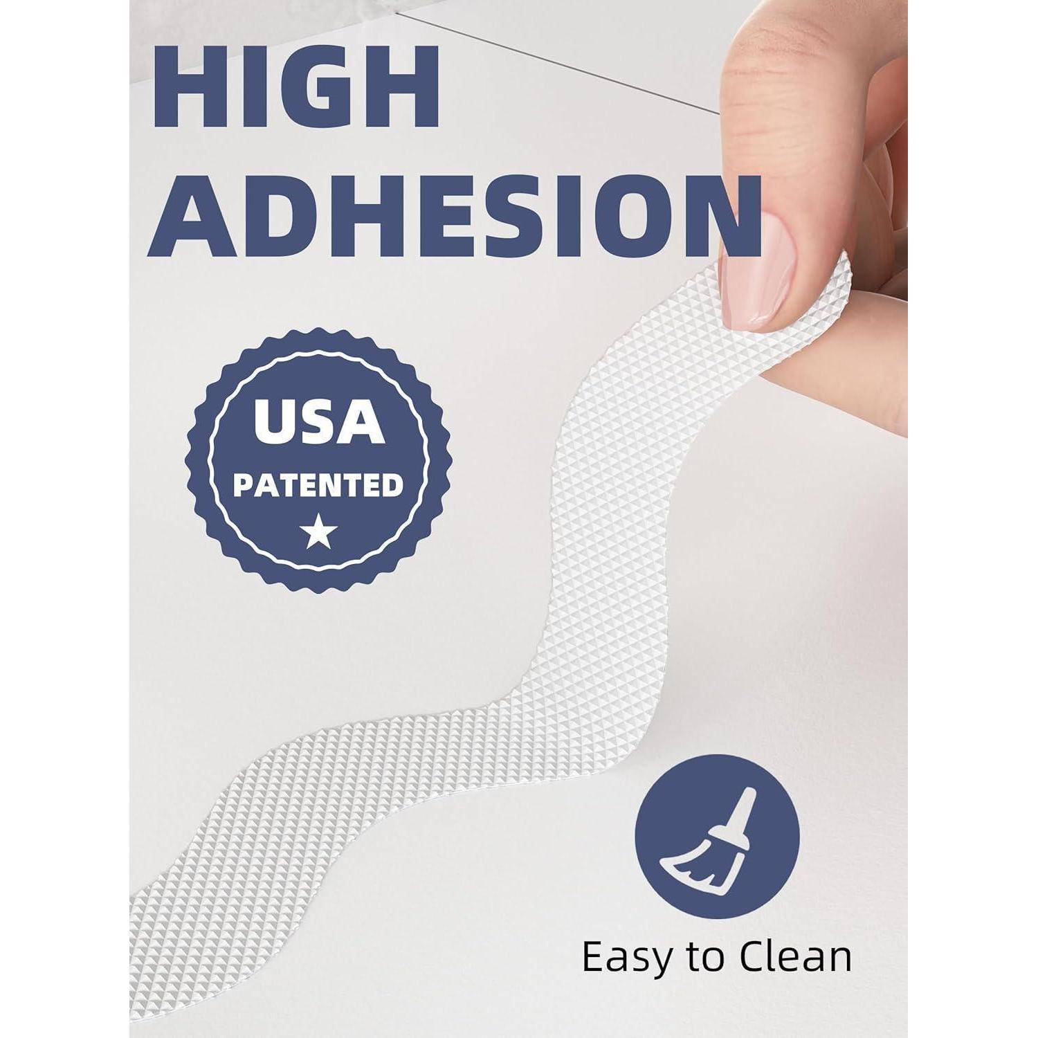 Paketgrafik, die eine Hand zeigt, die einen strukturierten Klebstoffstreifen abzieht, mit den Bezeichnungen „HIGH ADHESION