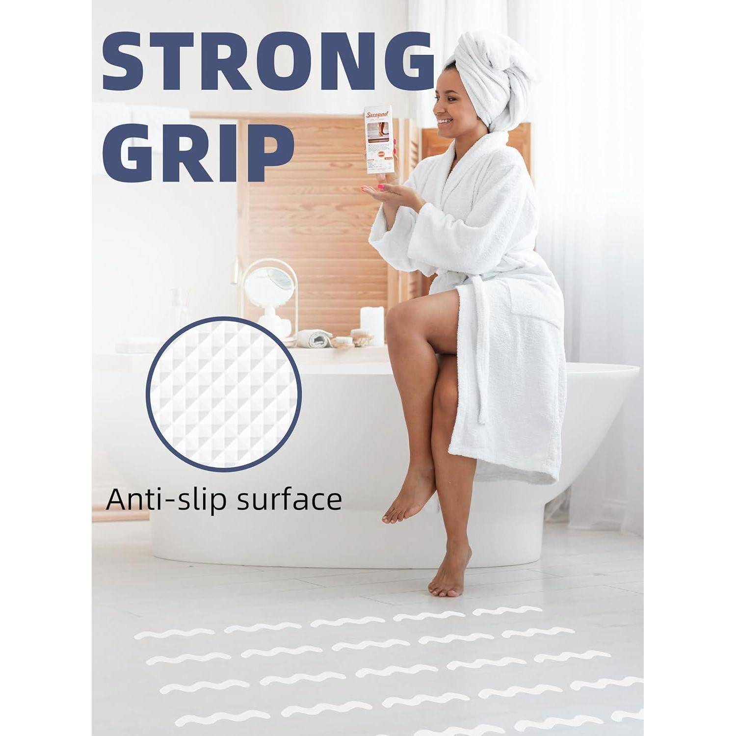 Anzeige mit einer Frau im Bademantel, die ein Produkt mit der Aufschrift „Strong Grip