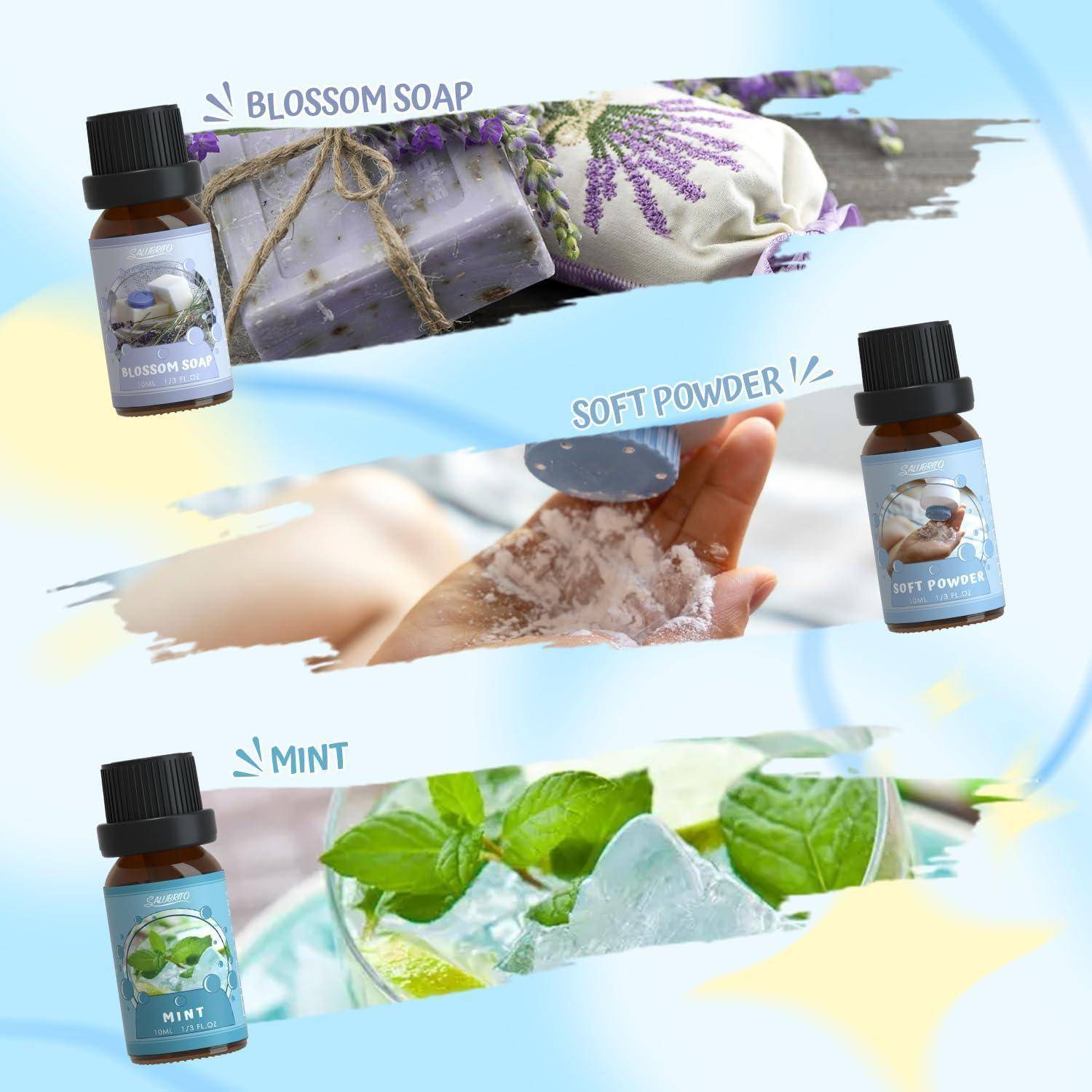 Promotionales Collage mit drei Produktdüften: Blossom Seife mit Lavendel, Soft Powder Puder auf einer Hand und Mint Flasche mit Minzblättern und Eis.