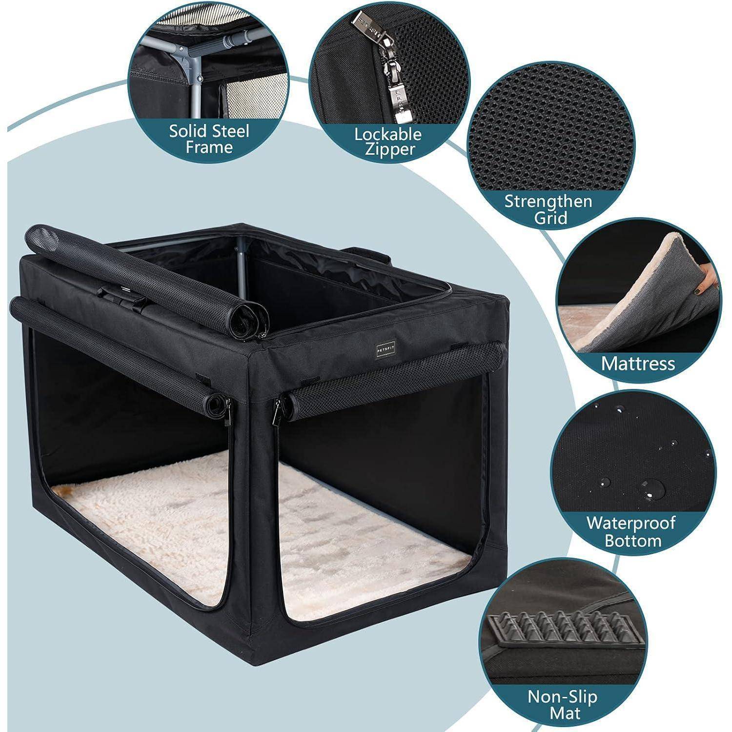Zusammenklappbare schwarze Haustiertransportbox mit Matratze, dargestellt mit Funktionshinweisen für stabiles Stahlrahmen, verschließbarer Reißverschluss, verstärktes Gitter, wasserdichter Boden und rutschfeste Matte.