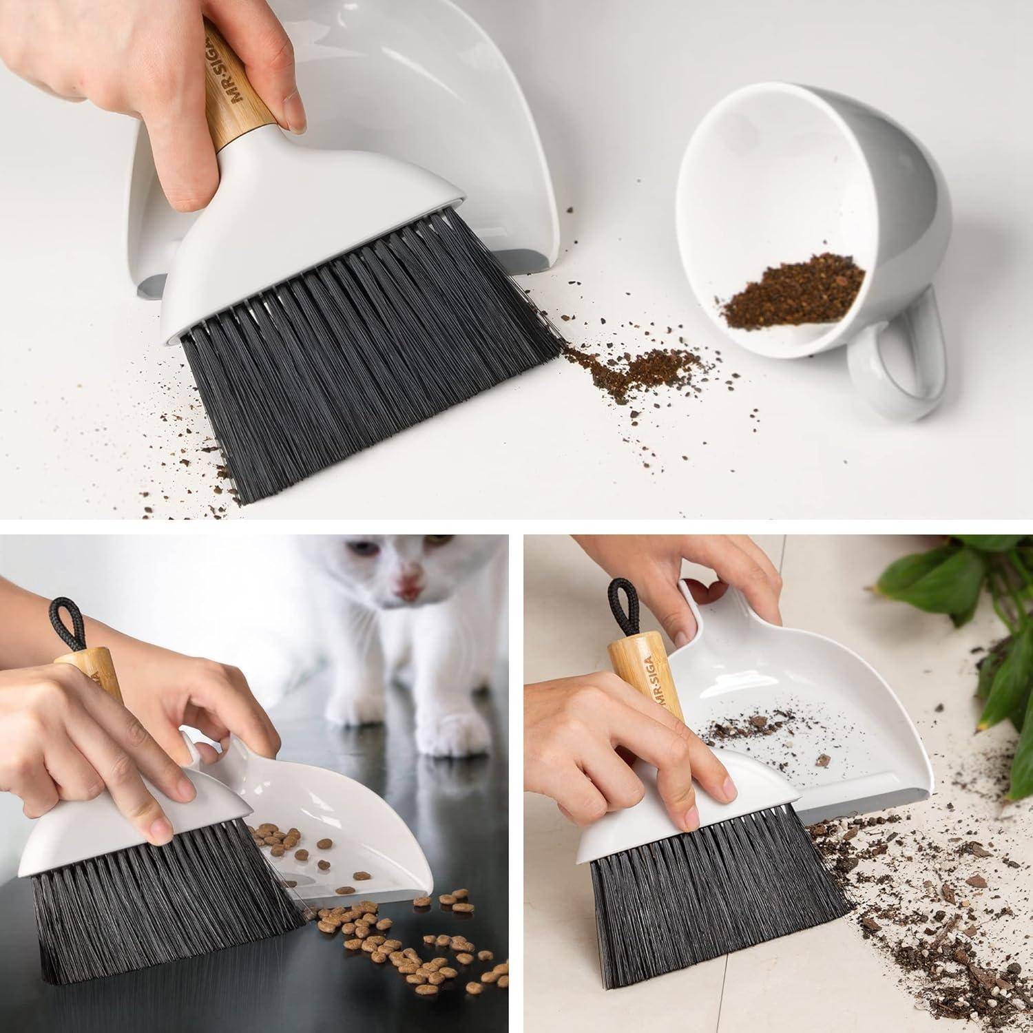 MR.SIGA Mini Kehrschaufel und Bürste Set, Tragbare Reiniqungsbürste und Kehrschaufel Combo mit Bambusgriff, Weiß, 1 Set