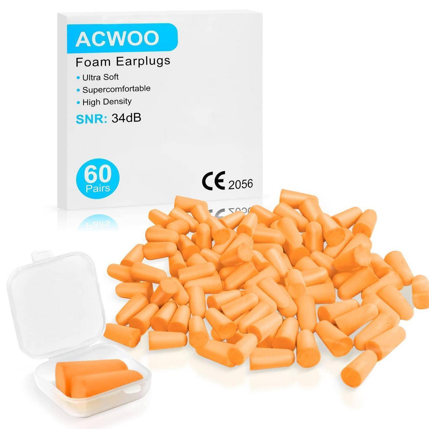 ACWOO-Schaumstoff-Ohrstöpsel-Packung mit 60 Paar, orangefarbene Ohrstöpsel, eine kleine Transportbox und SNR 34dB-Etikett.