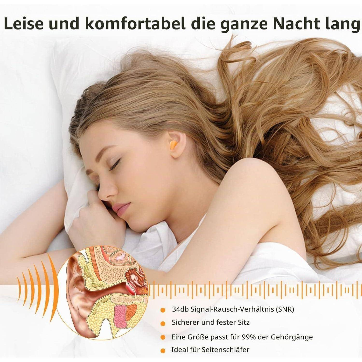 Schlafende Frau auf einem Kissen mit Ohrstöpsel-Infografik, die ruhigen Komfort die ganze Nacht über und einen sicheren Sitz für Seitenschläfer bewirbt.