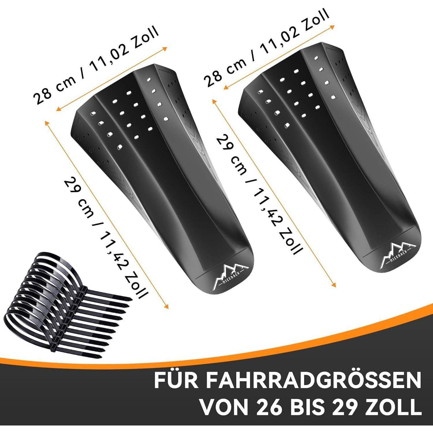 Produktbild von zwei schwarzen Fahrradschutzblechen mit Montagezubehör, gekennzeichnet mit 28 cm x 11,02 Zoll Breite und 29 cm x 11,42 Zoll Länge, für Fahrräder von 26 bis 29 Zoll.