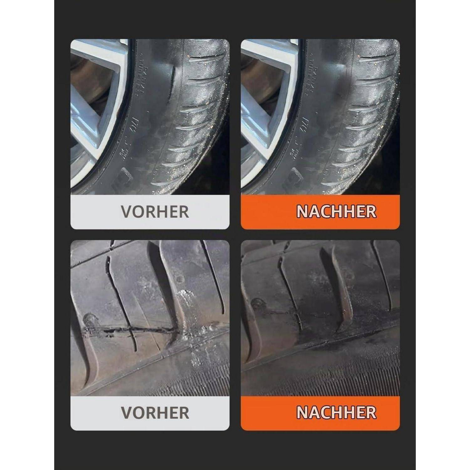 Vorher-und-Nachher-Vergleich von Reifenprofil und Seitenwandschäden, gekennzeichnet mit "VORHER"" und ""NACHHER"", zeigt reparierte oder verbesserte Reifenqualität.