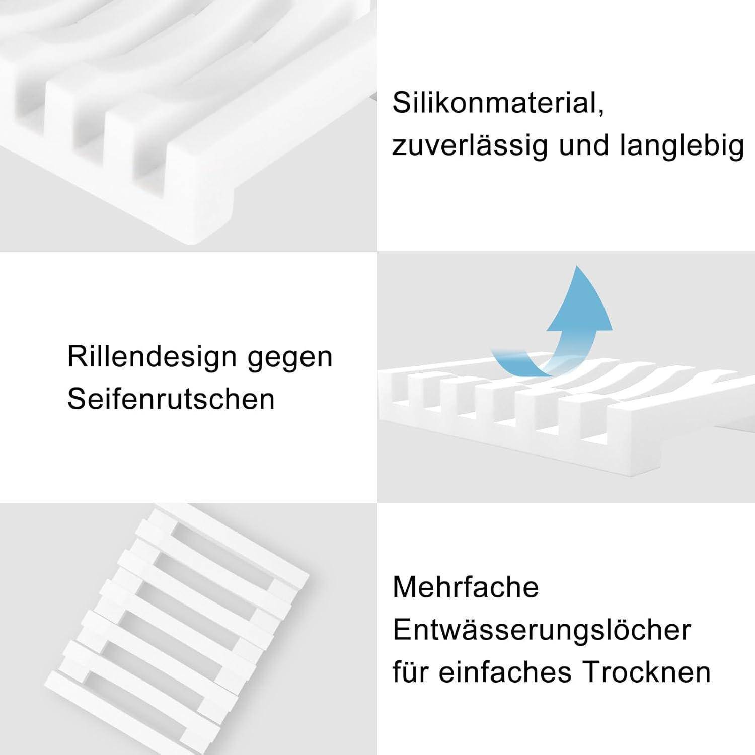 Infografik einer weißen Silikonseifenschale mit geripptem Rutschfestem Design, strapazierfähigem Material und mehreren Ablöchern für schnelles Trocknen.