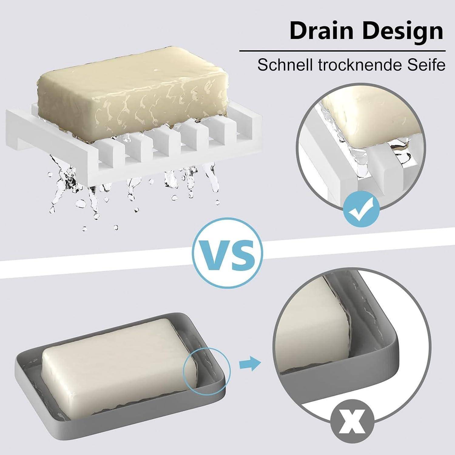 Vergleichsgrafik, die ein Seifenablageregal mit schlitziger Basis, die schnelles Trocknen ermöglicht, gegenüber einem Tablett zeigt, das Wasser einschließt und nass bleibt.