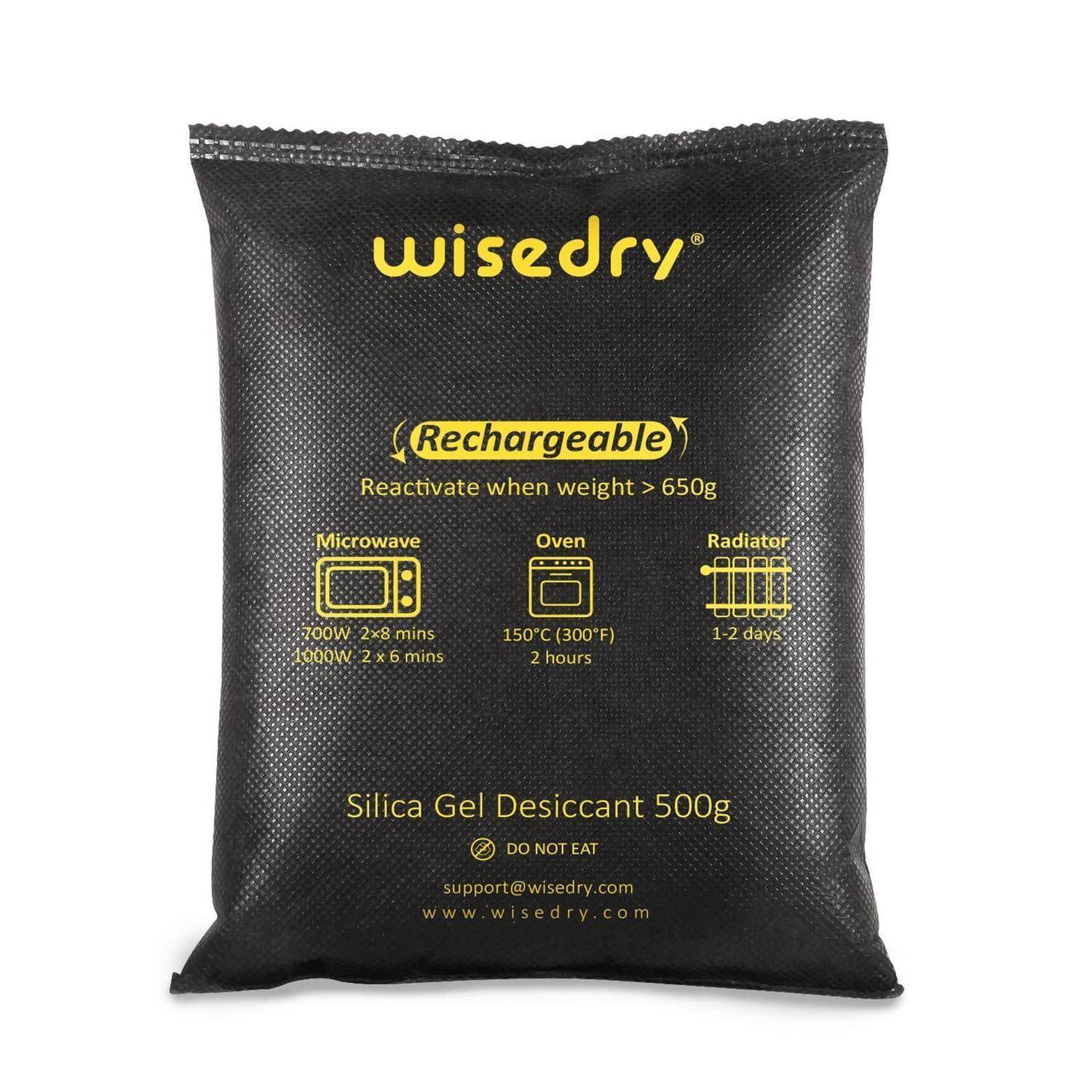Black Wisedry wiederaufladbarer Silicagel-Trockenbeutel, 500g, mit Anleitung zur Reaktivierung in der Mikrowelle, im Ofen oder auf der Heizung.