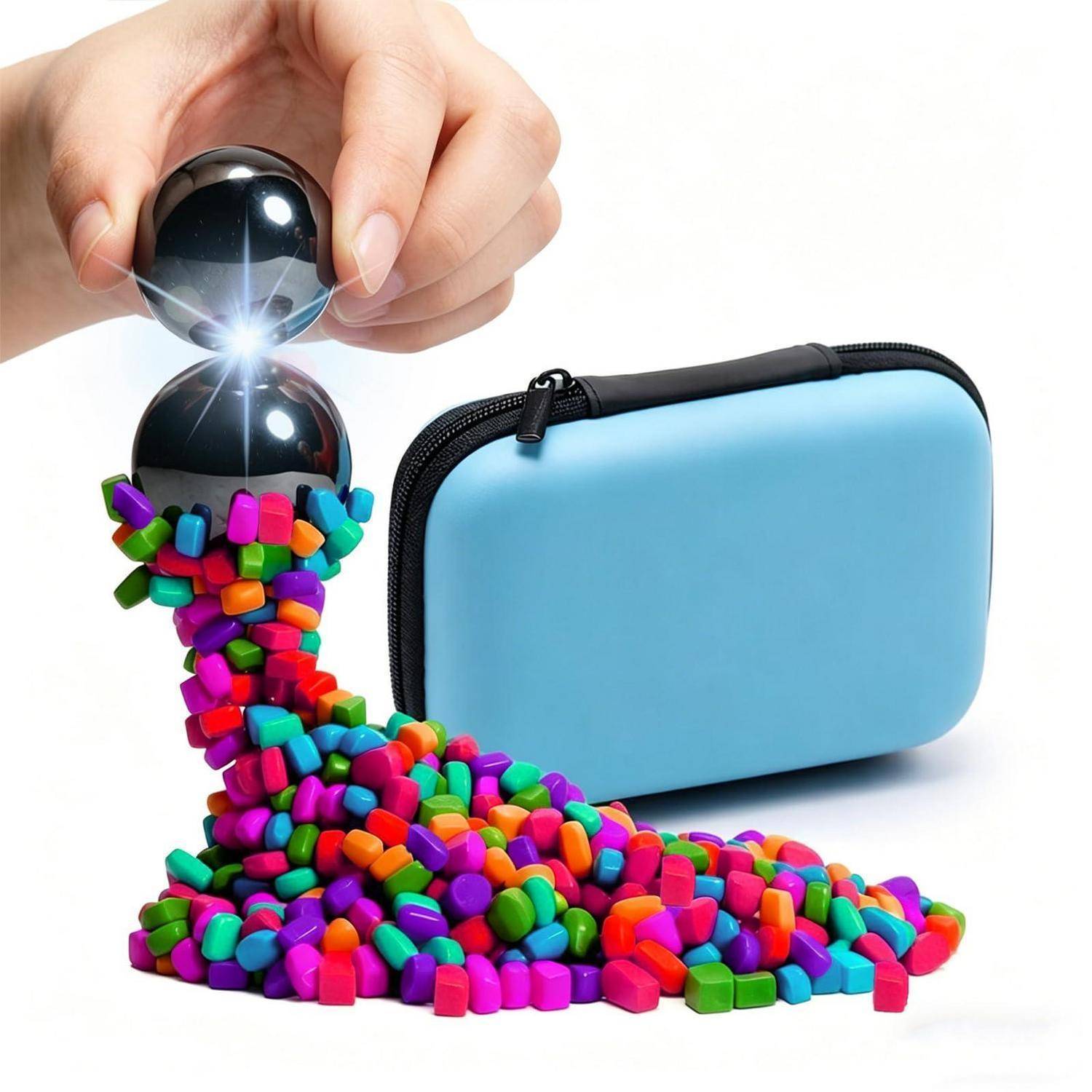 Eine Hand hebt eine magnetische Kugel über eine andere an, während bunte magnetische Perlen neben einem blauen Reißverschlussbeutel auf weißem Hintergrund herausspillern.